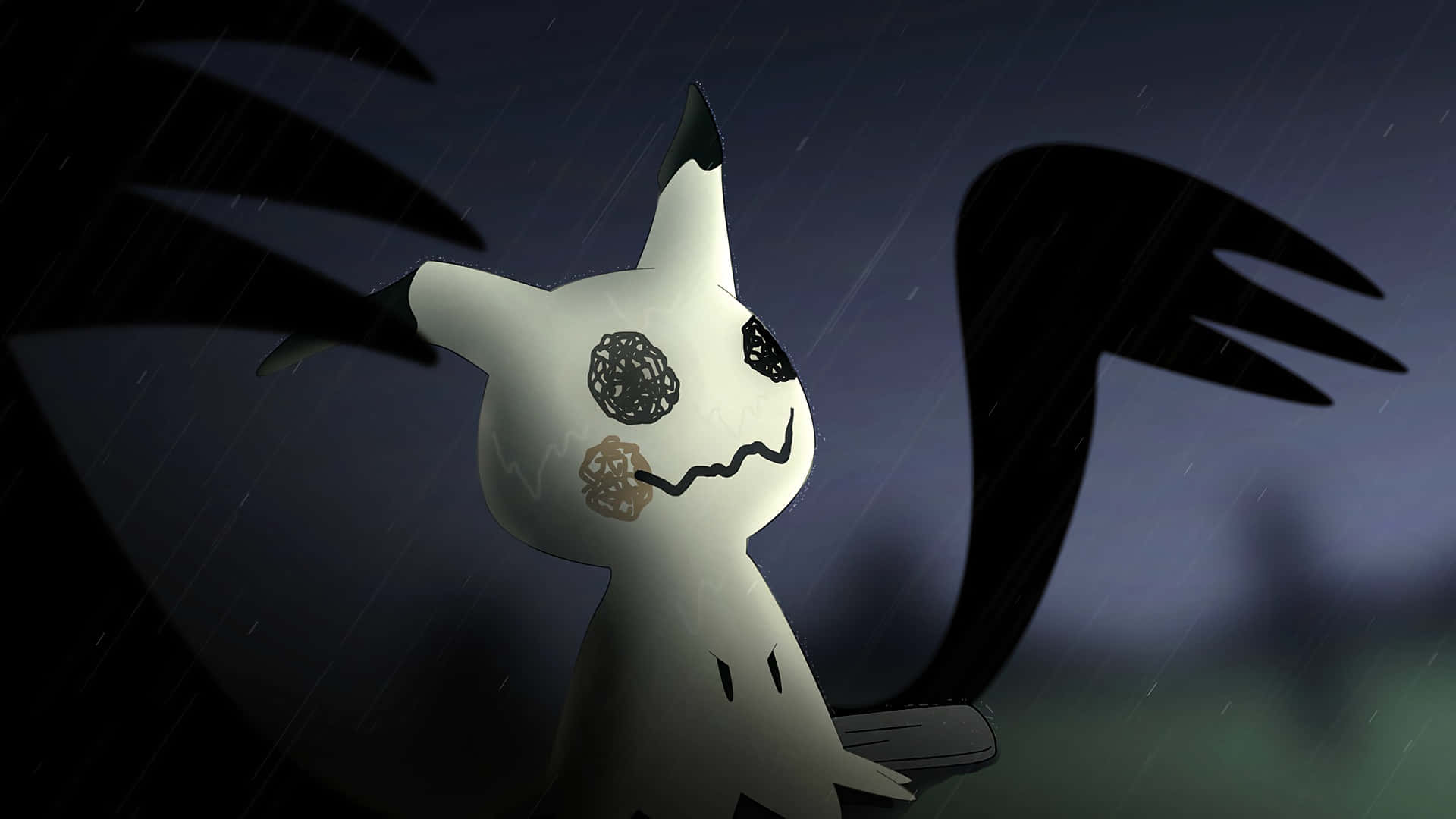 一隻帶有黑色標記的幽靈般白色寶可夢站在雨夜場景中，背後有黑暗的翼狀陰影若隱若現。