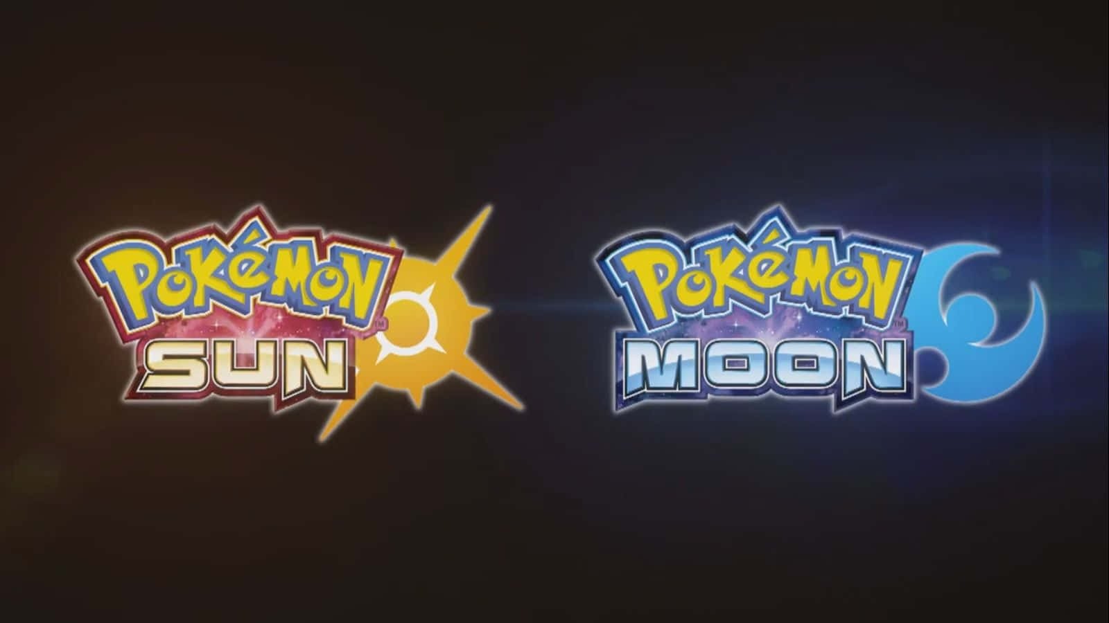 Pokémon 太陽和月亮遊戲標誌，帶有太陽和月亮符號，在深色背景上發光。