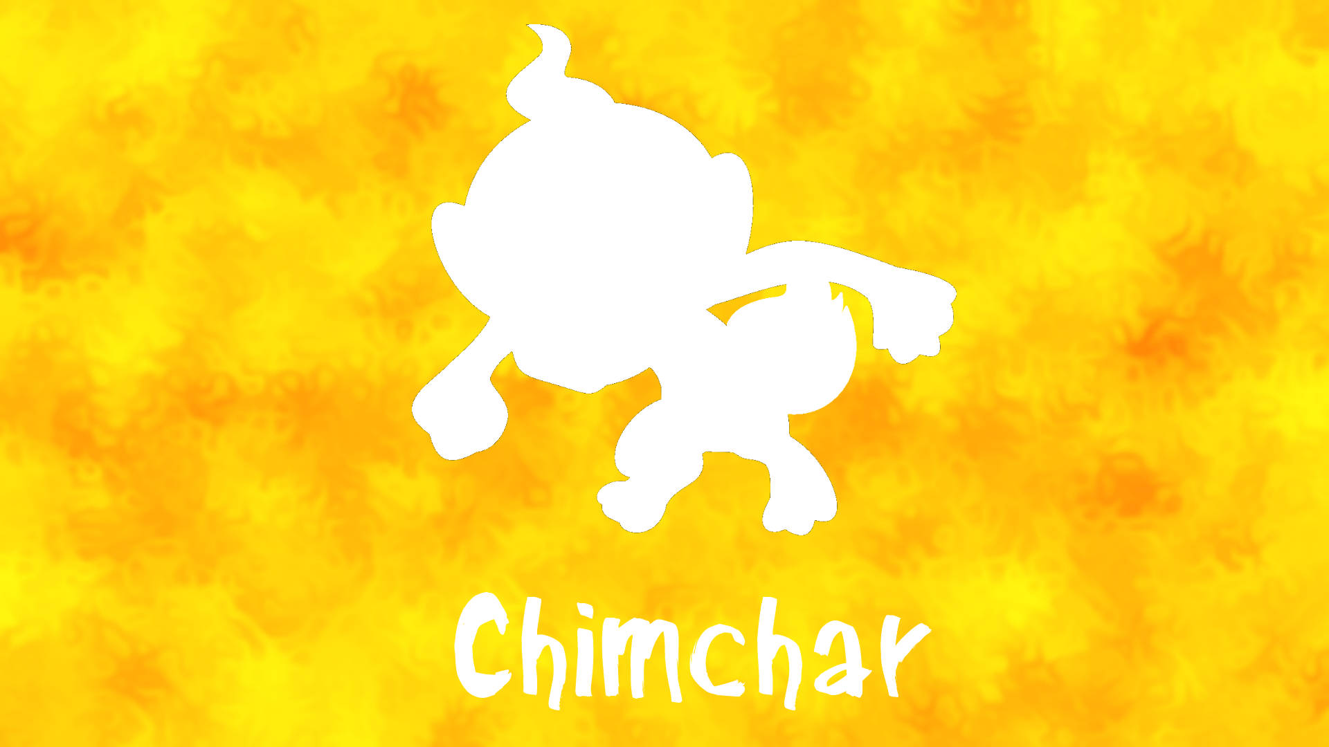 白色Chimchar剪影喺有質感嘅黃色背景上，下面有名