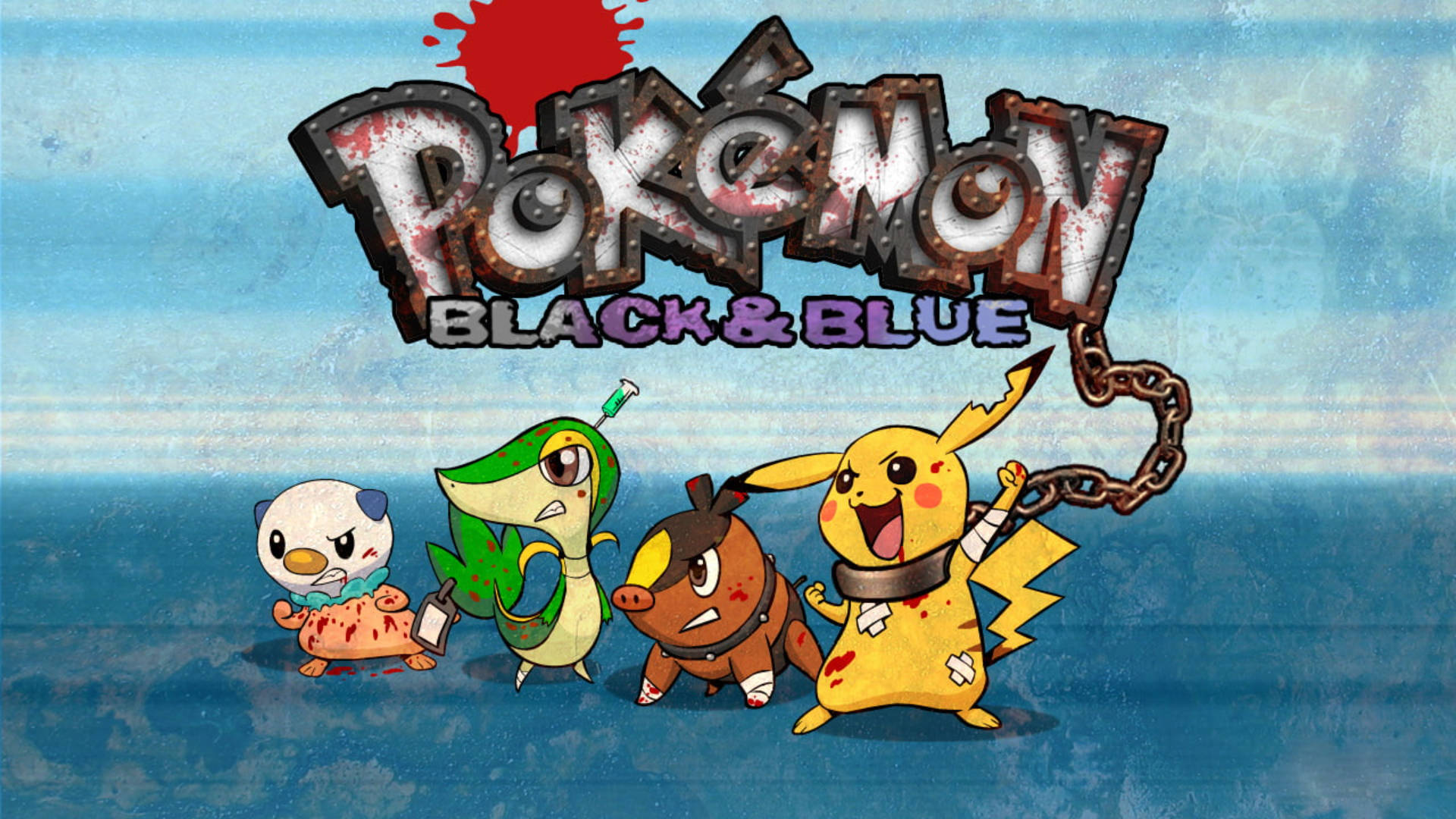 四個受傷嘅寶可夢角色喺一個殘舊嘅Pokémon Black & Blue標誌下。