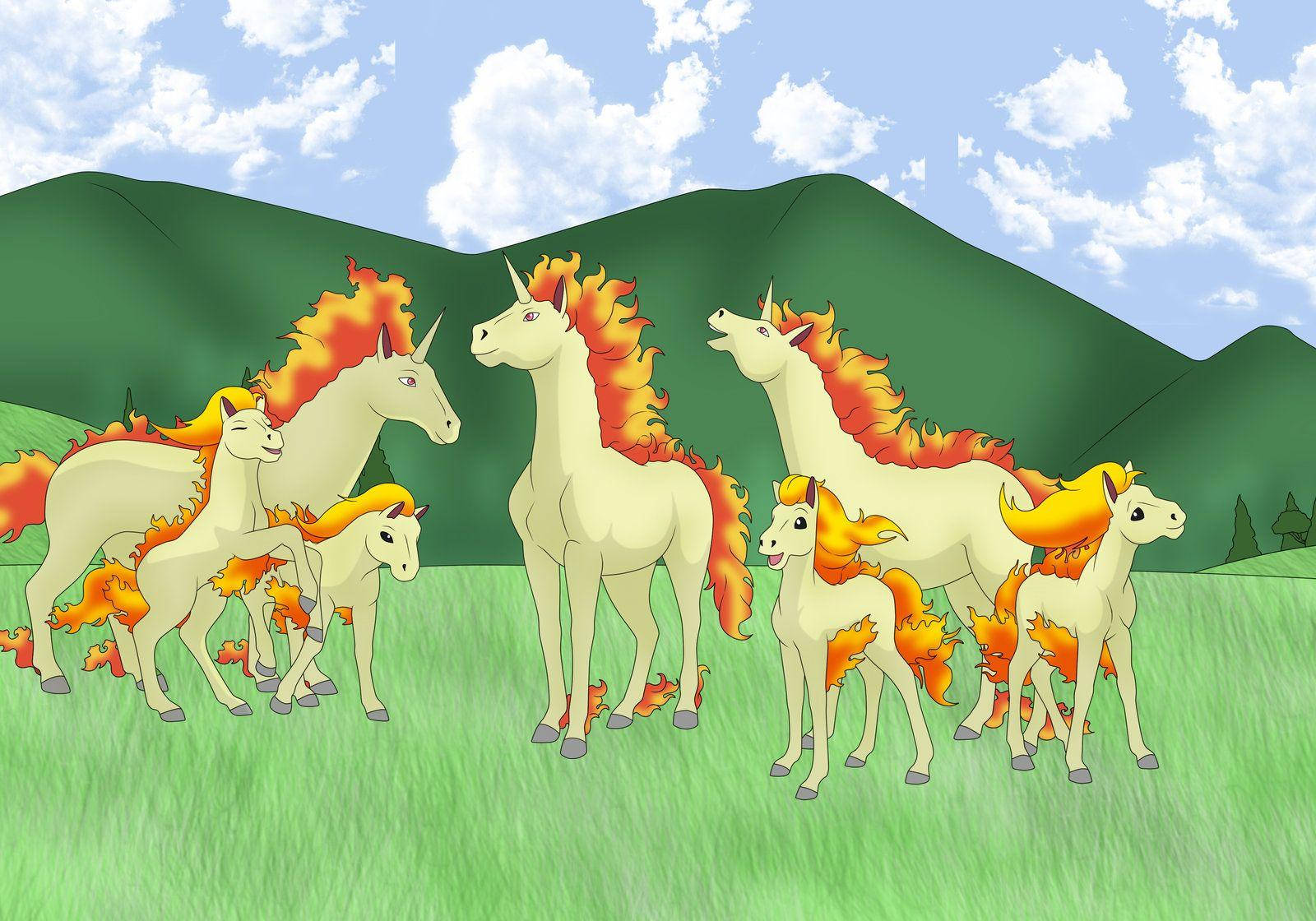 寶可夢小馬與烈焰馬 壁紙 — 一群白色獨角獸，有著火橙色的鬃毛，在陽光明媚的綠色草地上吃草，藍天白雲。