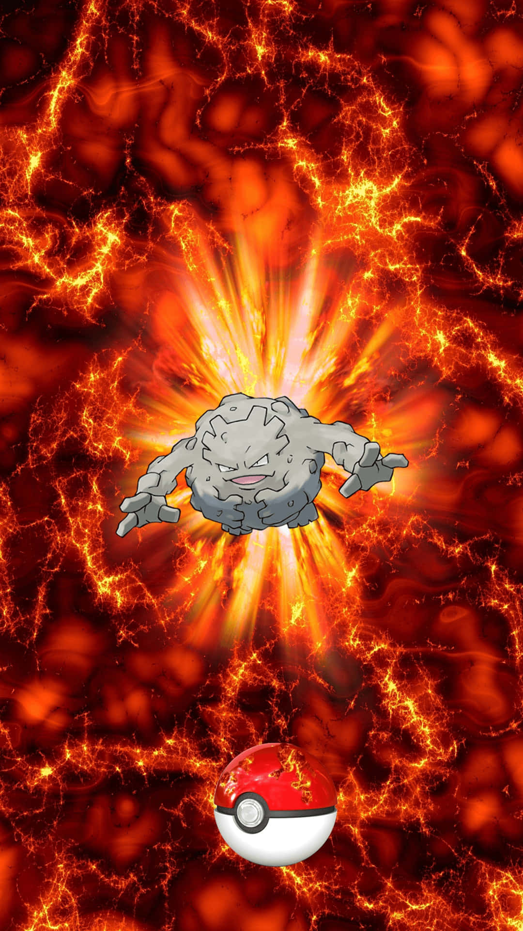 寶可夢巨石怪手持 Poké Ball 壁紙 — 一隻火熱的隆隆石從發光的精靈球中爆發，背景是旋轉的熔岩。