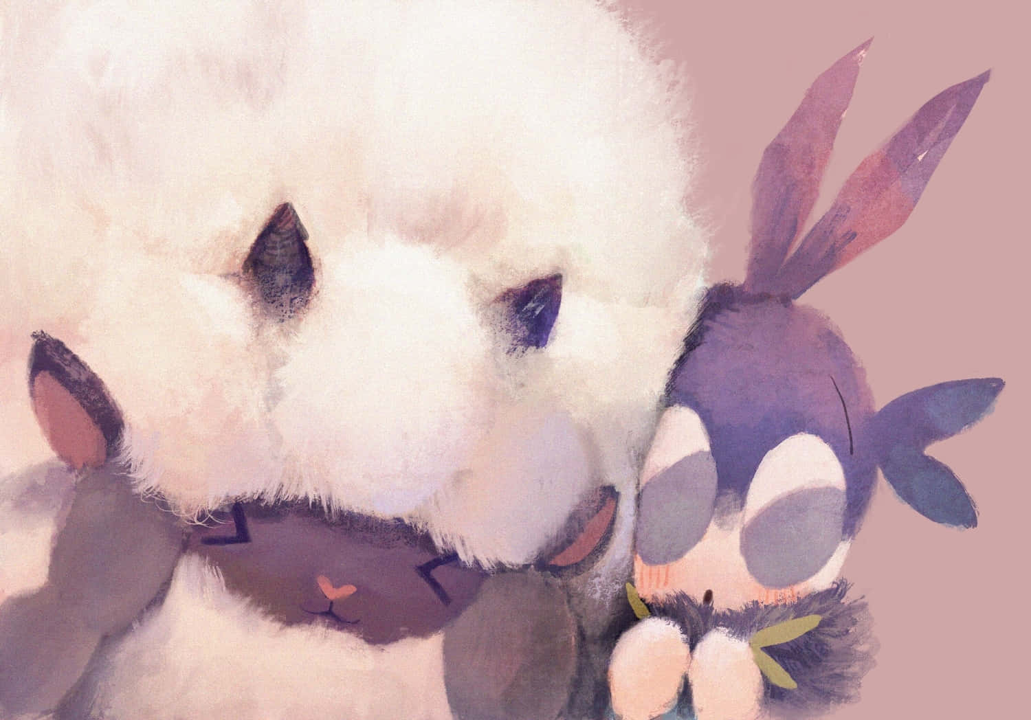 寶可夢布莉布莉與羊毛羊 壁紙 — 柔和的水彩插畫，描繪兩隻毛絨動物角色在溫柔的粉紅光芒中依偎。