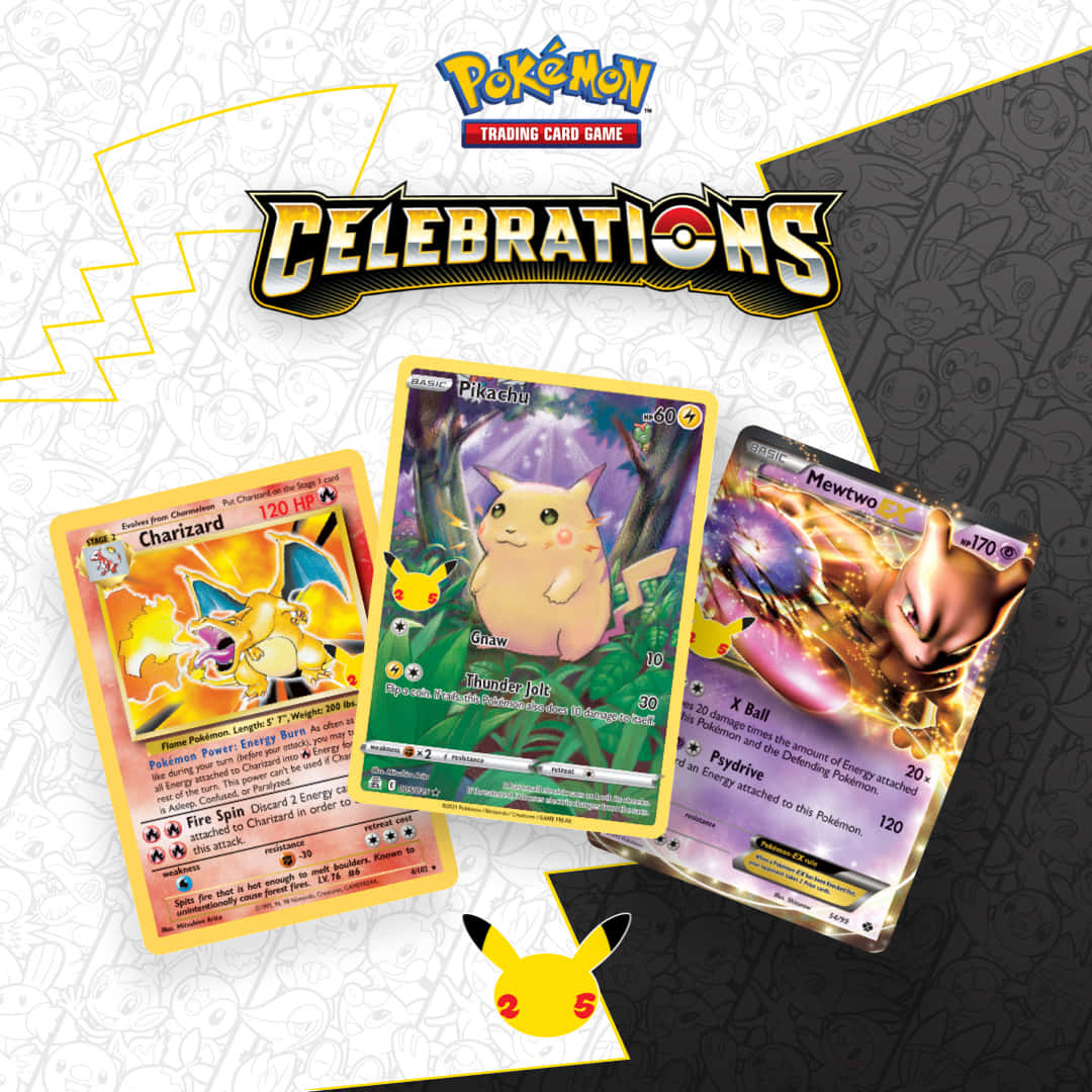 來自 Celebrations 系列的三張 Pokémon 集換式卡牌， featuring 噴火龍、比卡超和超夢夢。