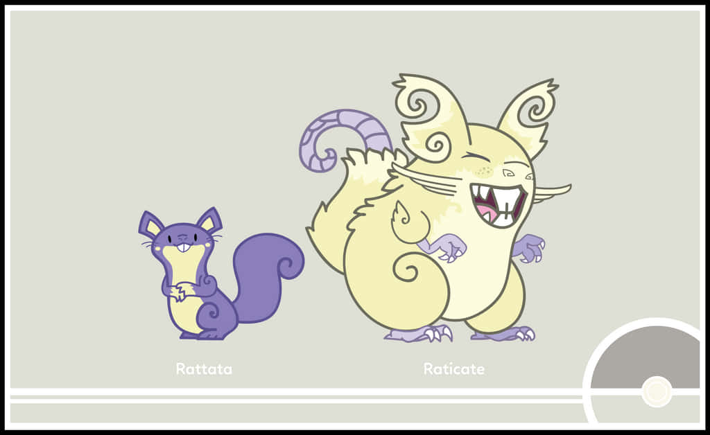 兩隻寶可夢 Rattata 和 Raticate 與一個精靈球一起站立。