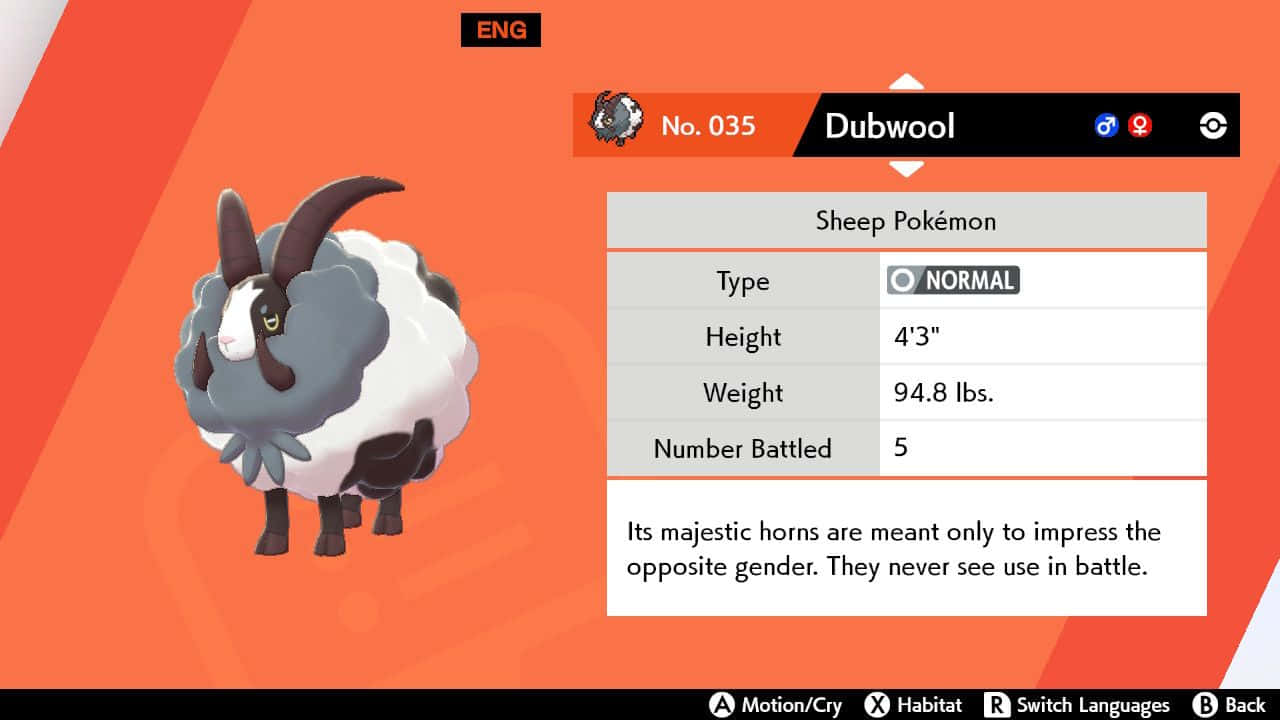 Dubwool 綿羊寶可夢，在橙色背景上附有數據和描述。
