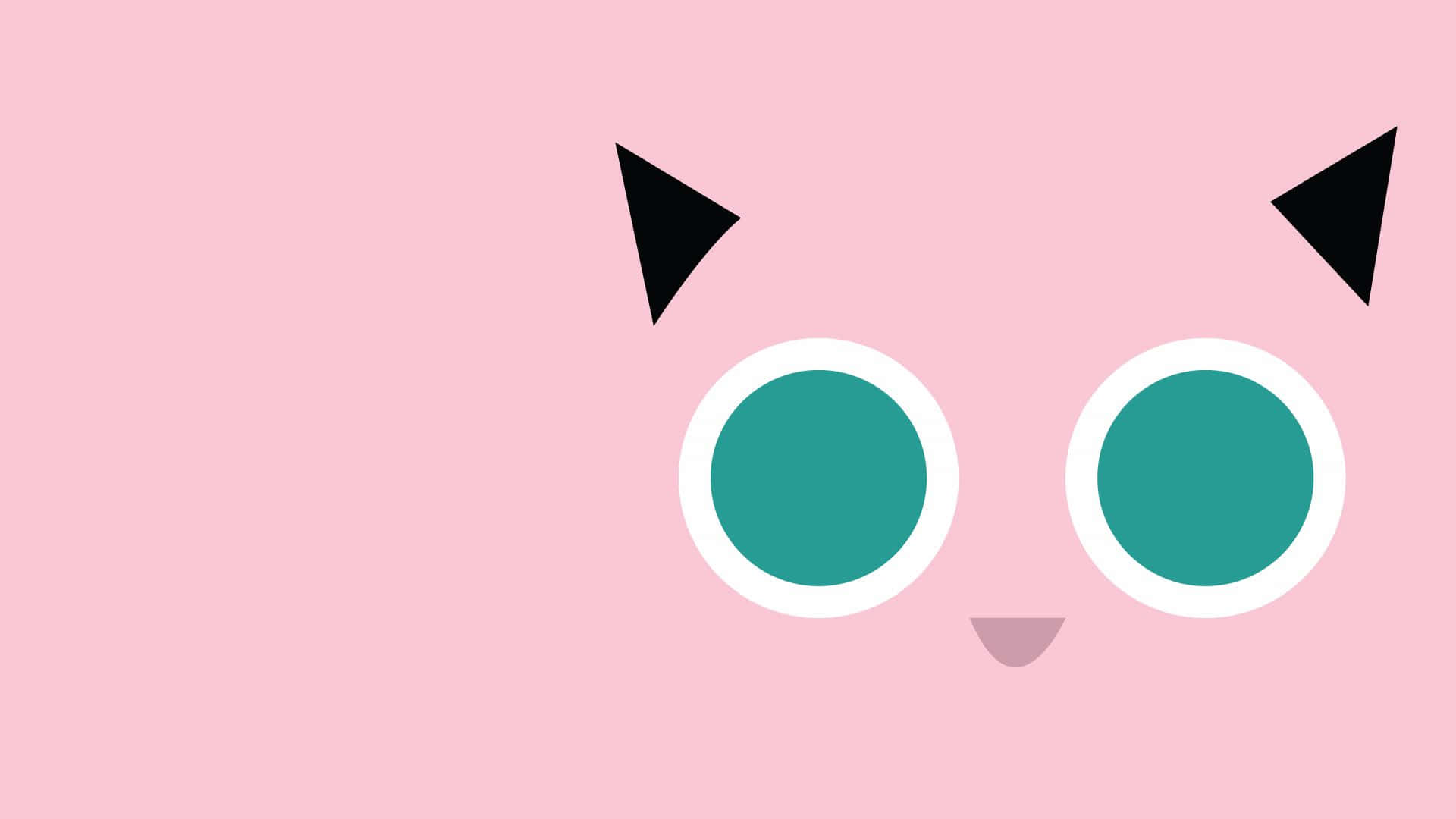 寶可夢極簡風格 Jigglypuff 桌面壁紙 壁紙 — 簡約粉紅背景，可愛卡通貓臉，有藍綠色眼睛、黑色耳朵和細小粉紅鼻子。
