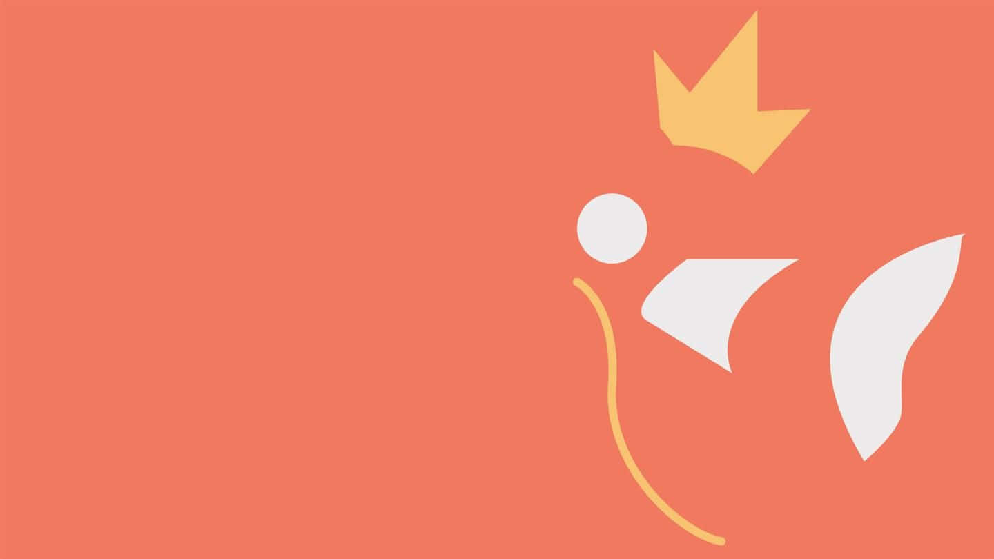 寶可夢極簡風格 Magikarp 桌面壁紙 壁紙 — 珊瑚色背景上，戴著皇冠的人物與流動的白色和黃色形狀的極簡抽象插圖。