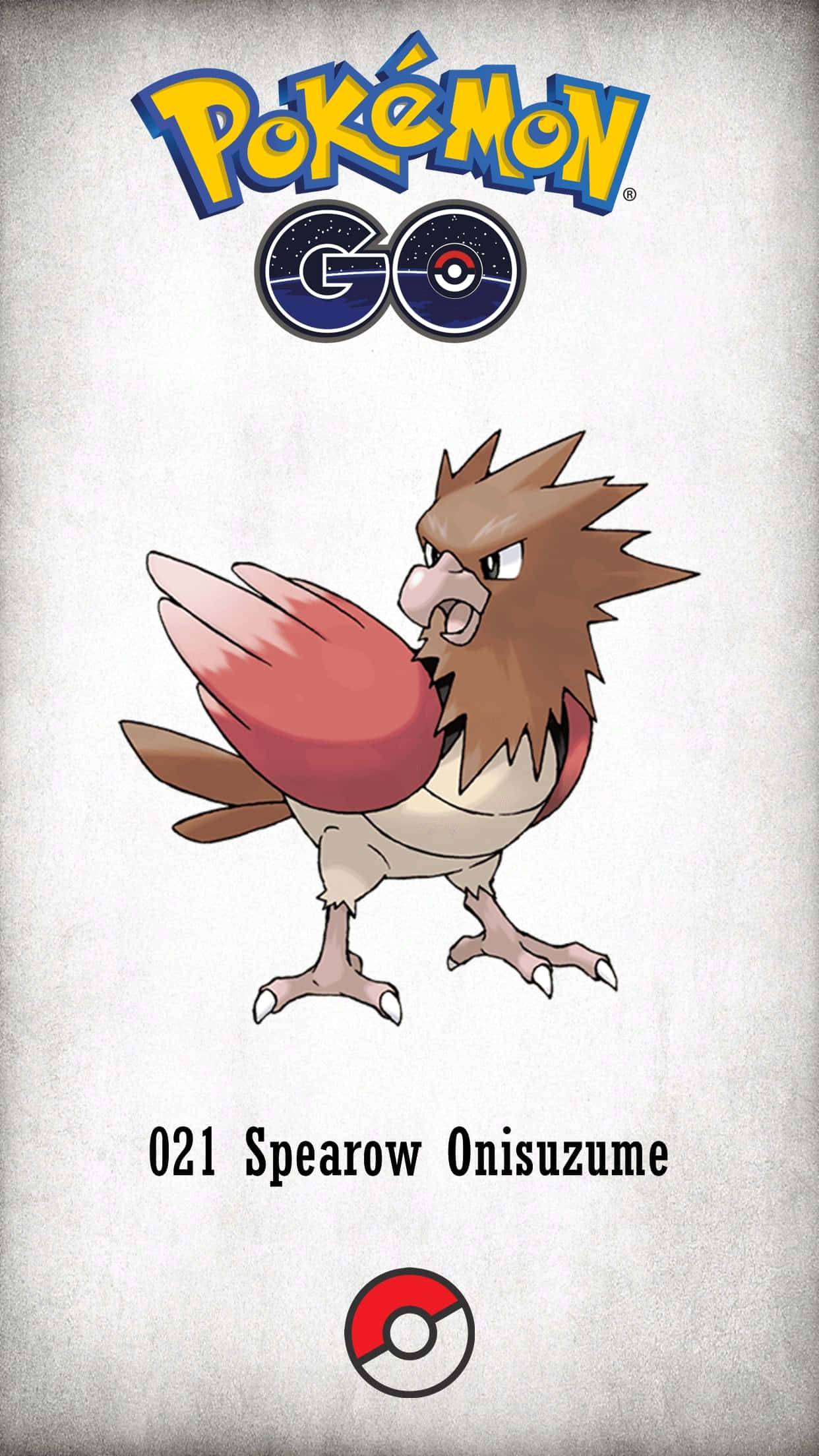 寶可夢箭頭鳥與寶可夢Go標誌手機 壁紙 — 來自 Pokémon GO 的卡通烈雀在帶有遊戲標誌的紋理灰色背景上警覺地站立。