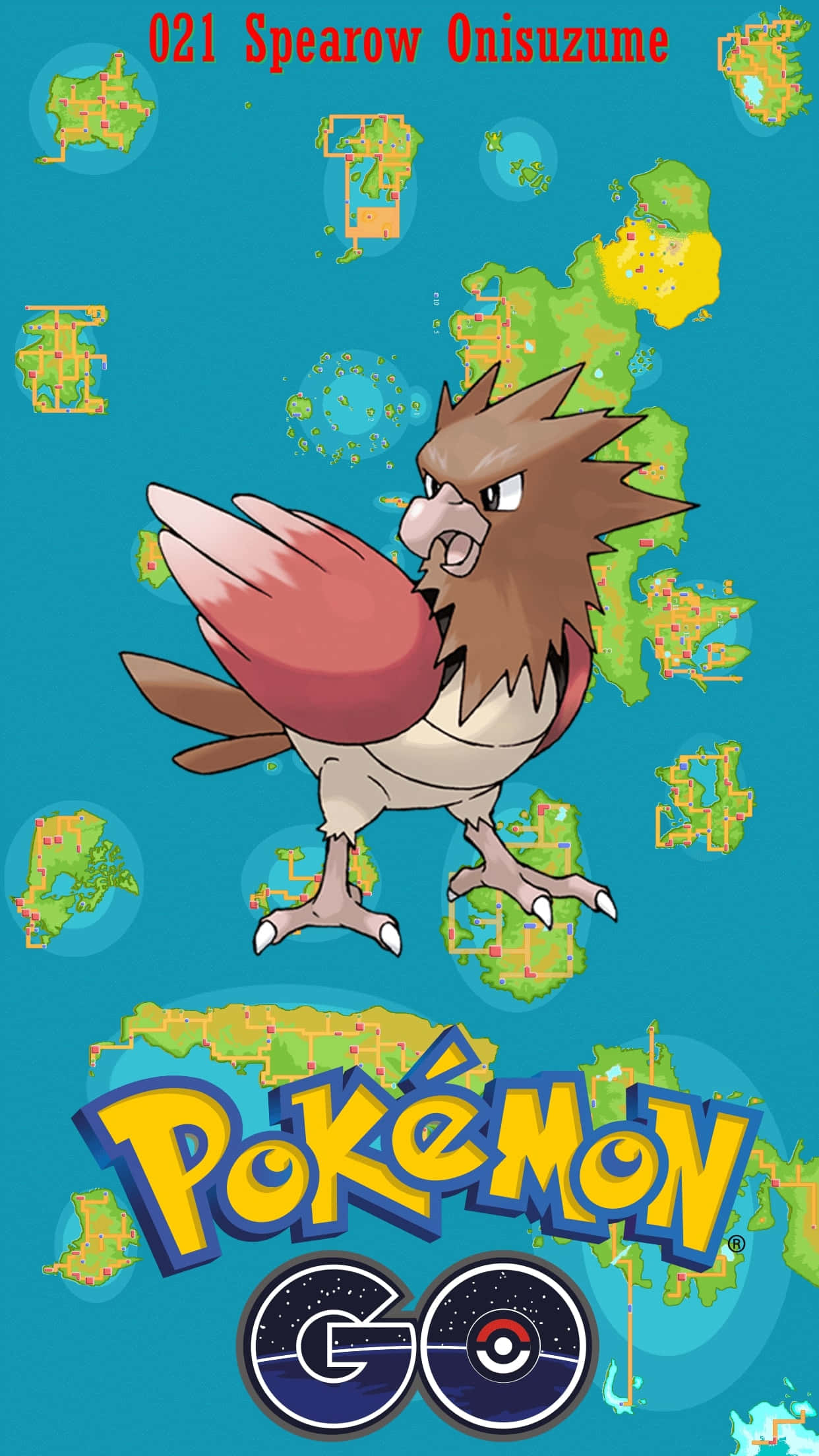 寶可夢箭頭鳥與寶可夢Go藍綠背景手機 壁紙 — 來自 Pokémon GO 的 Spearow 在青綠色背景前勇敢站立，周圍漂浮著地圖碎片，下方是遊戲標誌。