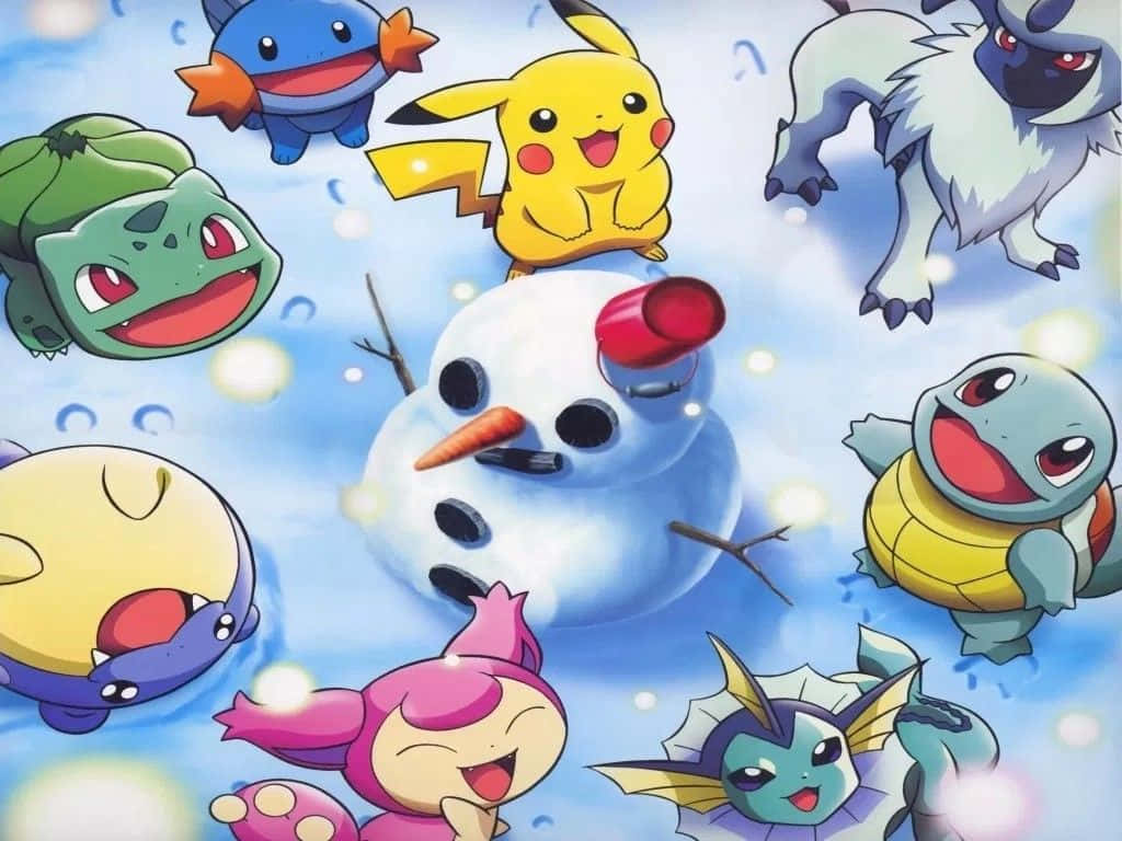 寵物小精靈角色在雪景中聚集在雪人周圍。
