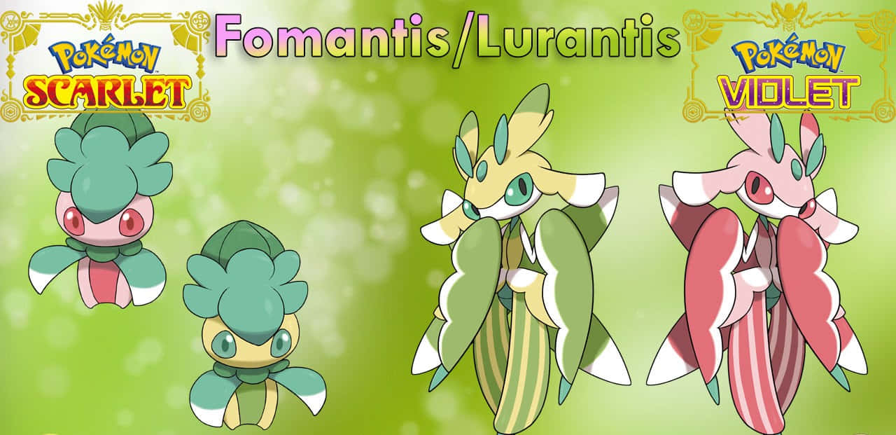 寶可夢芙曼蒂斯與露蘭蒂斯 壁紙 — 三隻寶可夢 Fomantis Lurantis 及其進化形態在發光的綠色背景上展示，並附有遊戲標題。