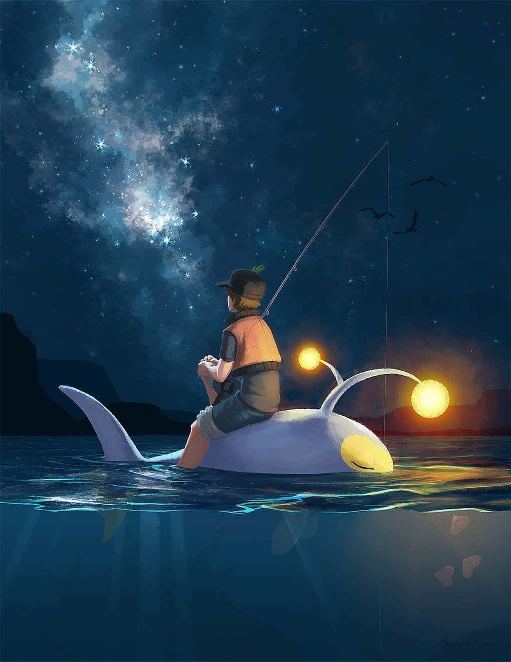 男孩在星空下從發光鯨魚上釣魚，鳥兒飛翔。