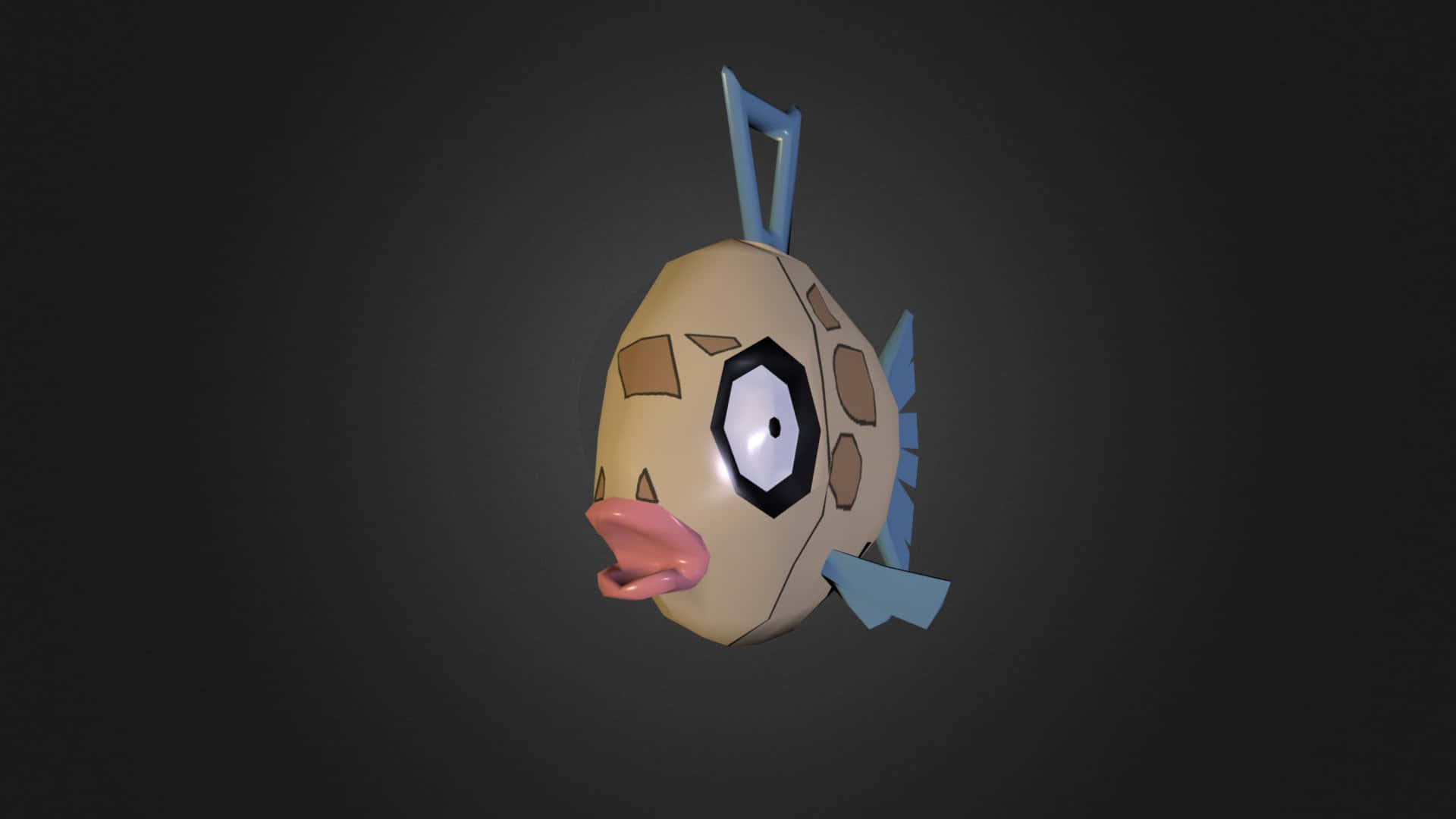 一個有六角形眼睛和藍色魚鰭的3D渲染卡通魚。