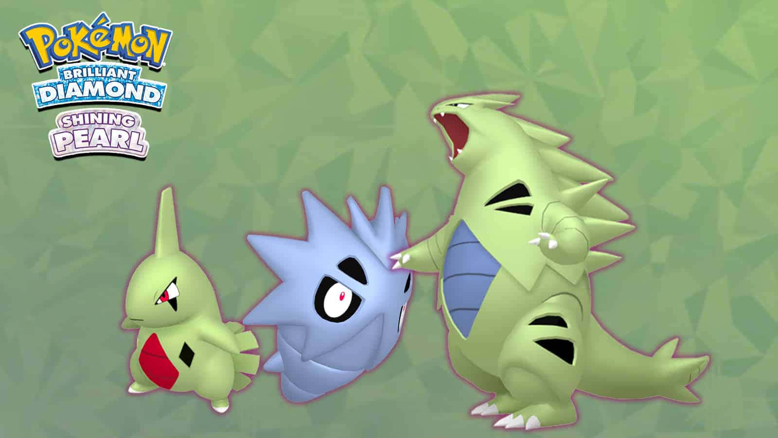 寶可夢進化 Larvitar Pupitar Tyranitar 壁紙 — 來自《晶燦鑽石／明亮珍珠》的三個寶可夢角色站在綠色幾何背景前。
