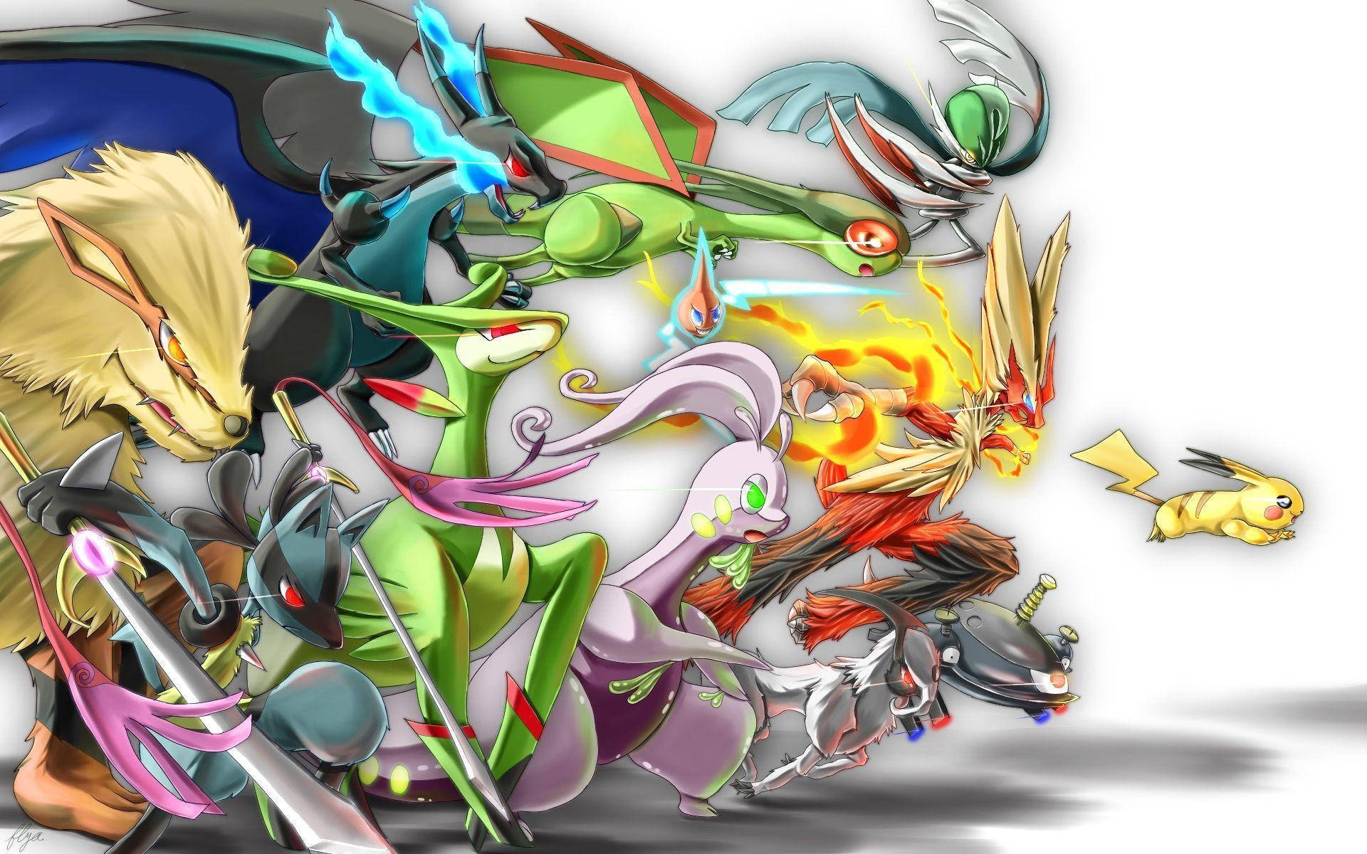一組 Pokémon 角色在戰鬥中，發出發光的攻擊。