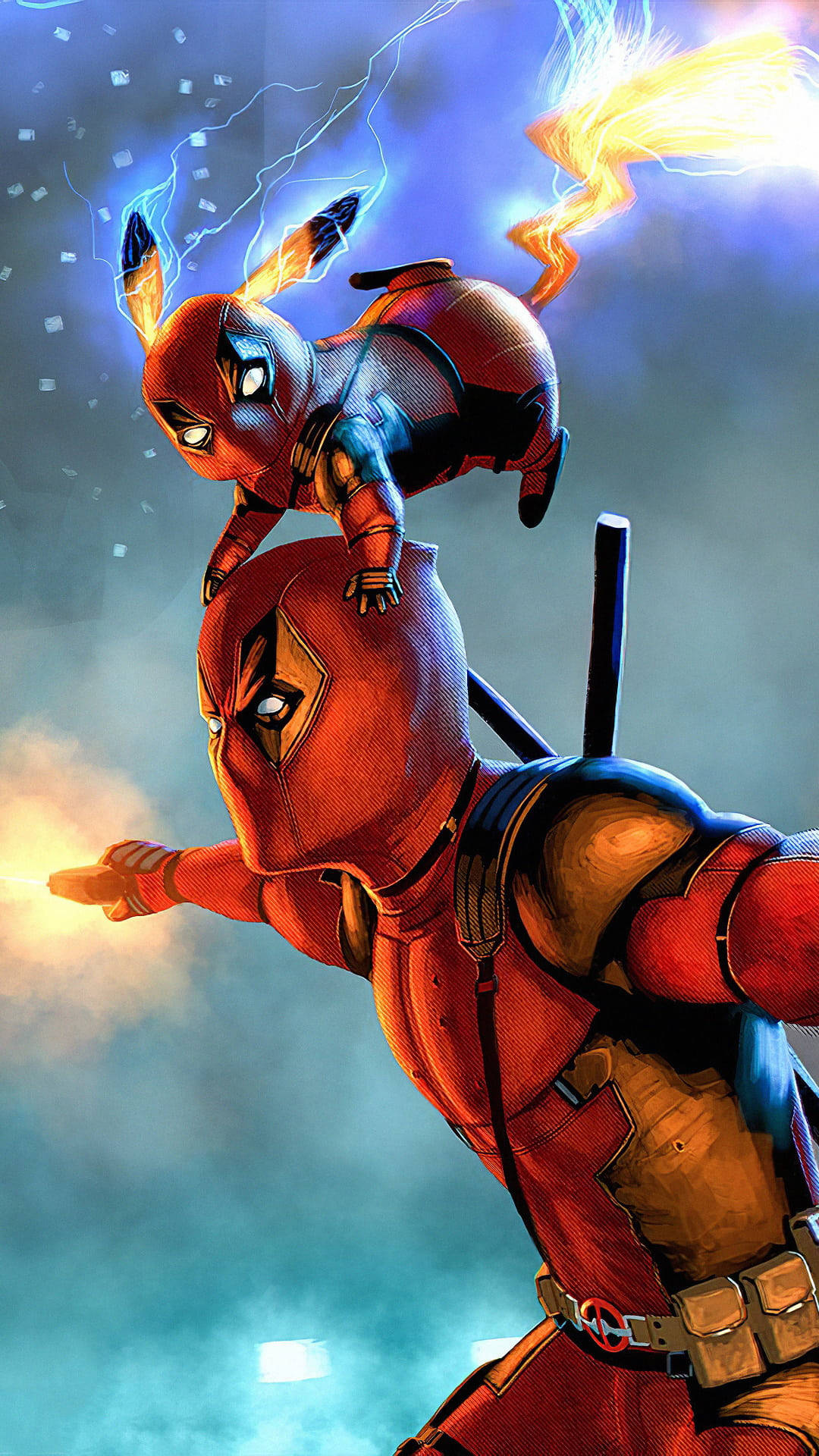 寶可夢高清皮卡丘與死侍 壁紙 — 死侍和一個較小的死侍穿著紅色套裝，在雷電交加的天空中跳躍，周圍有電能噼啪作響。