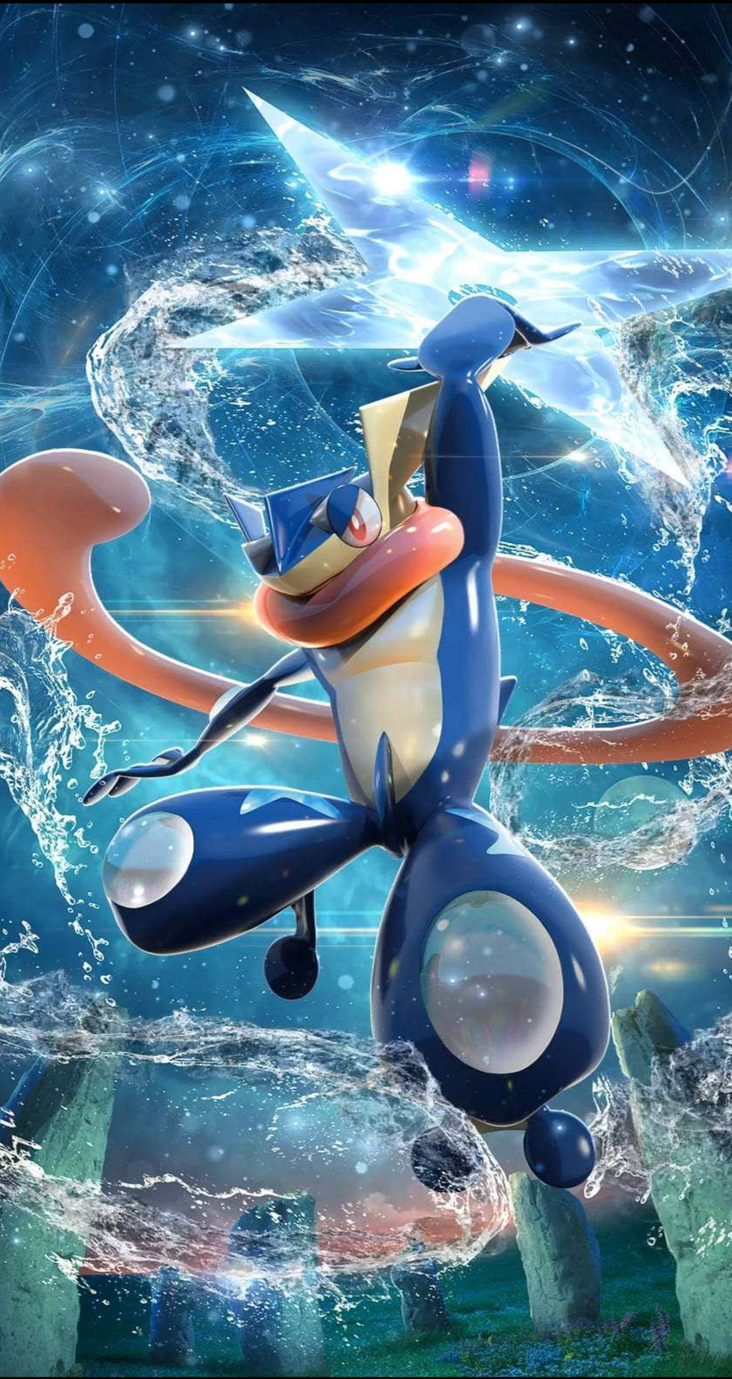 寶可夢高畫質 Greninja 壁紙 — 一隻動態動漫風格的寶可夢跳過宇宙水域，帶有發光能量和星空背景。