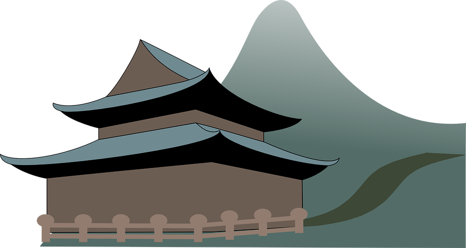 寶塔向量圖 壁紙 — 一座風格化的傳統寶塔，帶有彎曲的屋頂，坐落在山邊，天空陰暗。