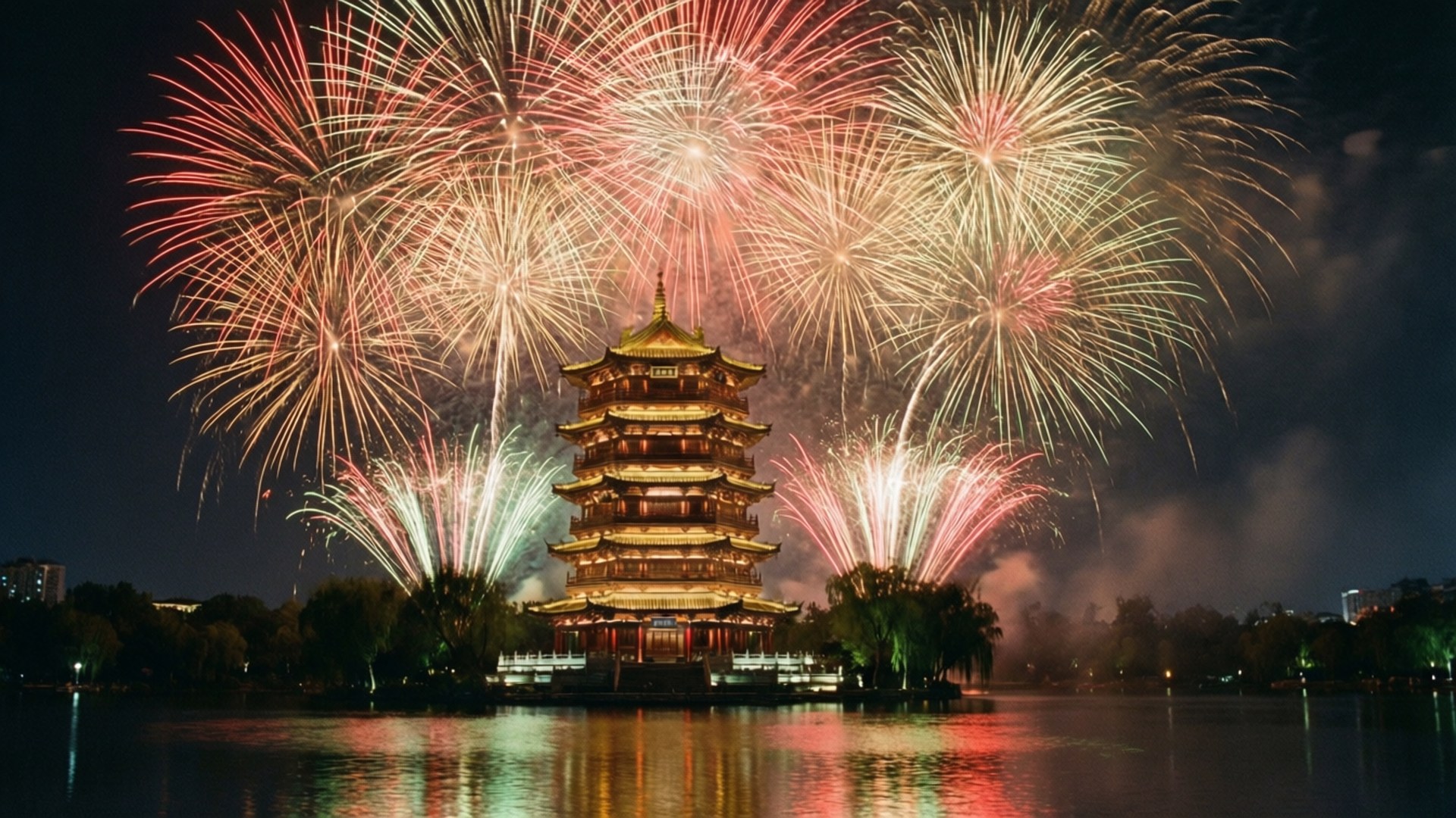寶塔煙花 壁紙 — 一座宏偉的傳統寶塔聳立，被夜間寧靜湖面上綻放的耀眼煙火照亮。