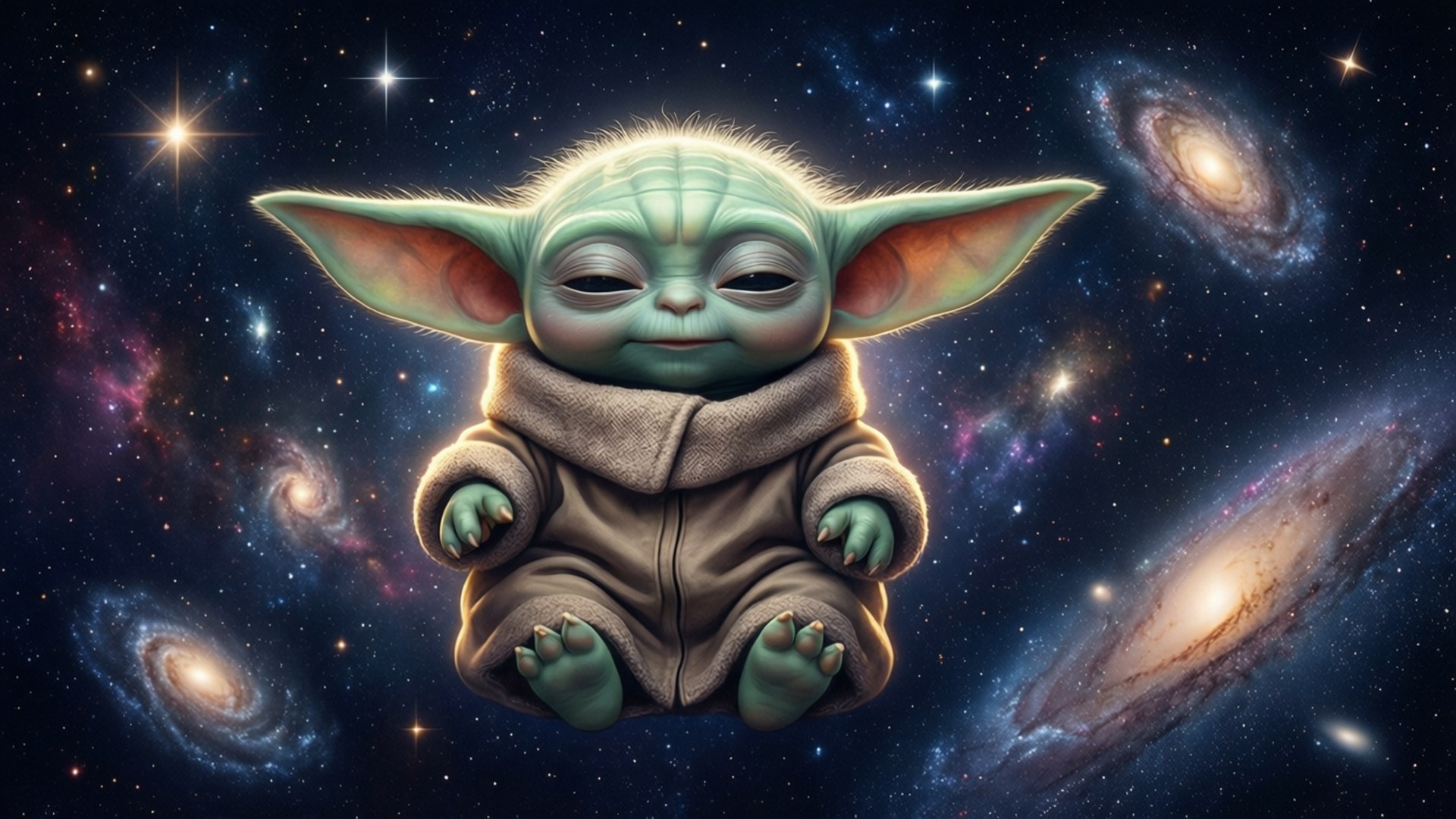 一個寶貝尤達在太空中漂浮，周圍環繞著星系和星星