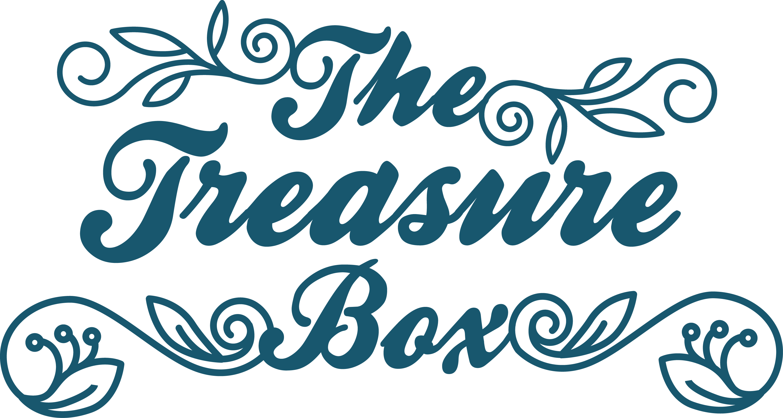 寶箱標誌 壁紙 — 優雅的青綠色字體寫著「The Treasure Box」，周圍環繞著華麗的漩渦葉片裝飾，背景為潔淨的白色。