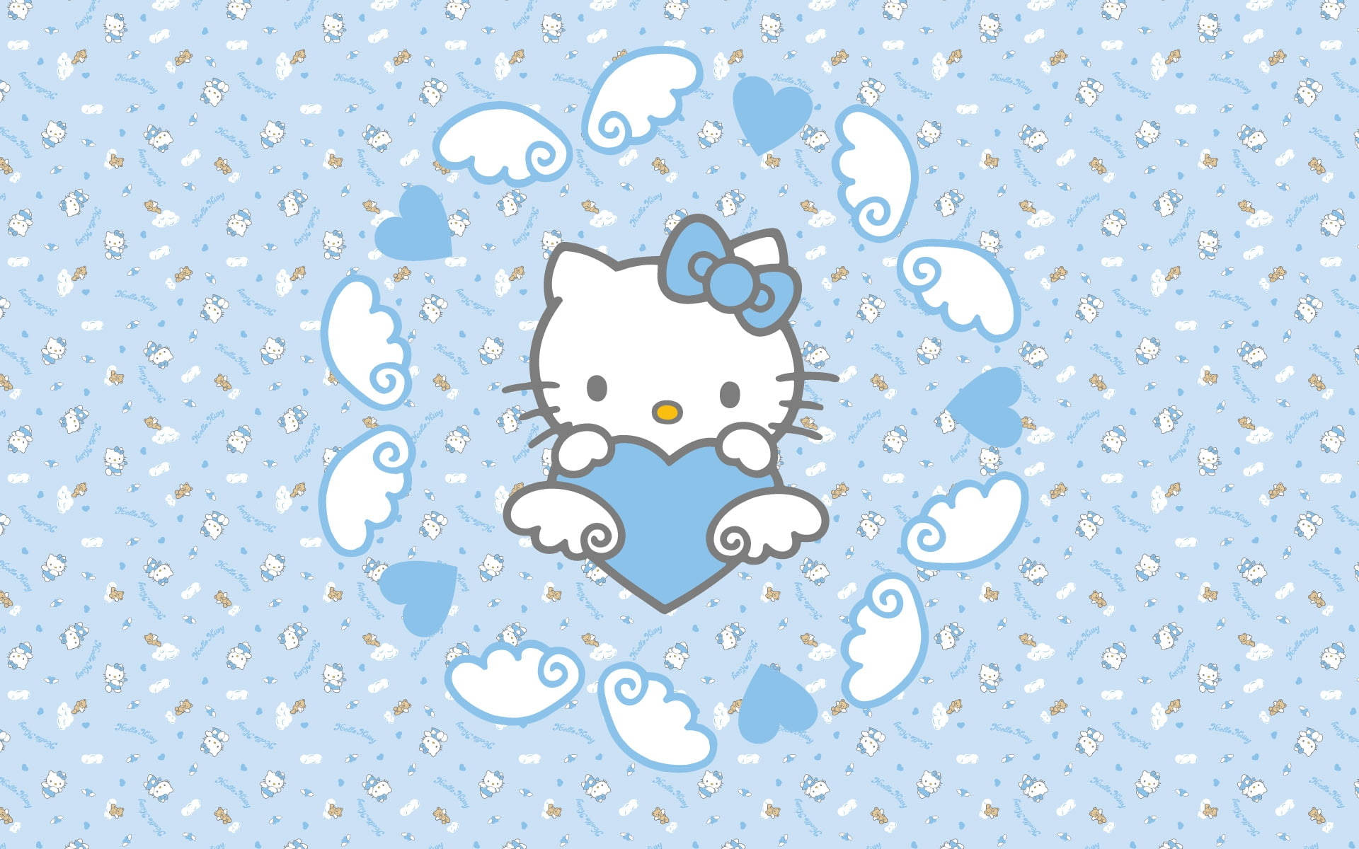 Hello Kitty 手持一個心形，被雲朵和心形環繞，背景是藍色圖案。