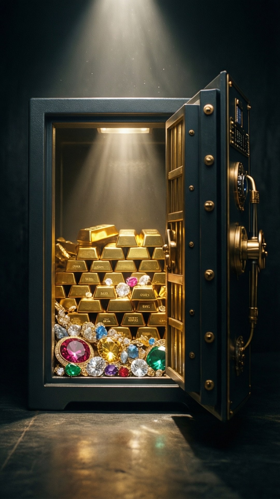 打開的金庫，在聚光燈下裝滿金條和彩色寶石。