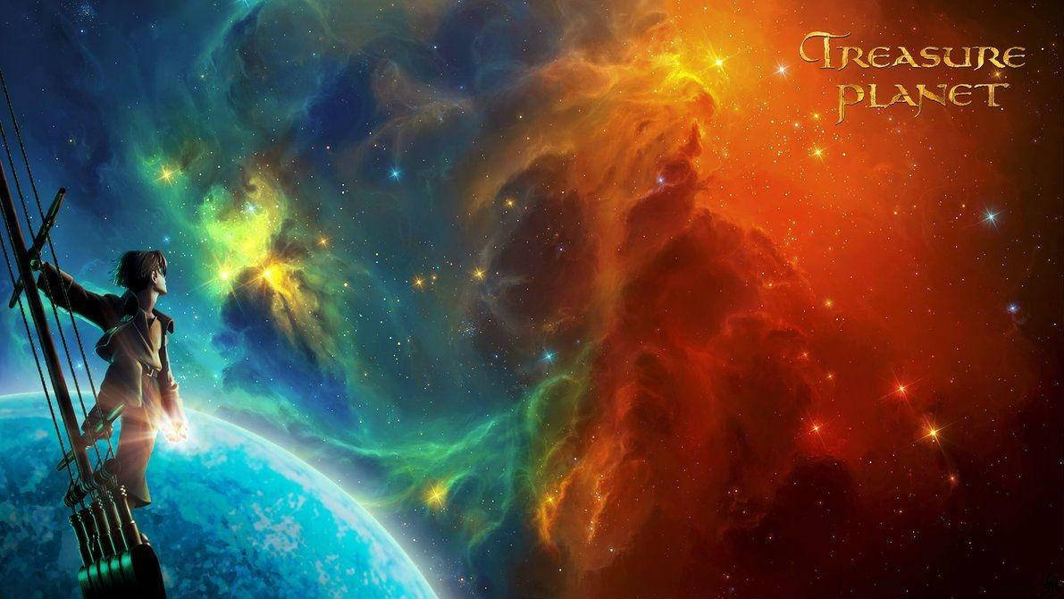 寶藏星球 吉姆·霍金斯 凝望星空 壁紙 — 一個年輕男孩站在船桅上，凝視著一個充滿活力的宇宙星雲，其中有旋轉的藍色、綠色和火熱的橙色。