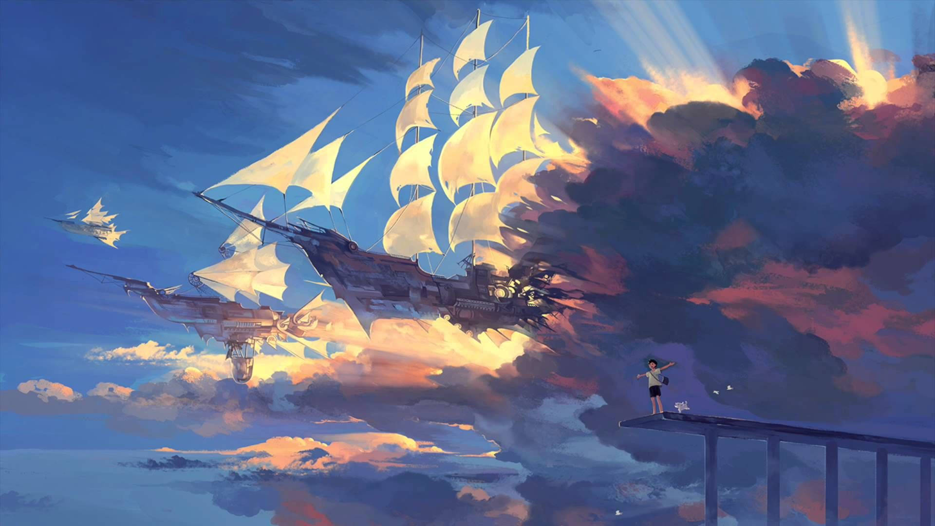 寶藏星球 天空中的太空戰艦 壁紙 — 一個孤獨的身影站在橋上，觀看雄偉的飛船在戲劇性的日落天空中航行。