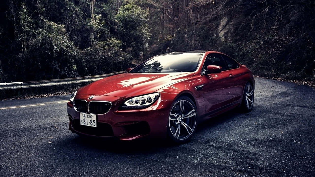 寶馬車外觀精緻特寫 壁紙 — 一輛亮紅色BMW M6雙門跑車停泊在蜿蜒的森林道路上，背景有深色樹木和護欄。