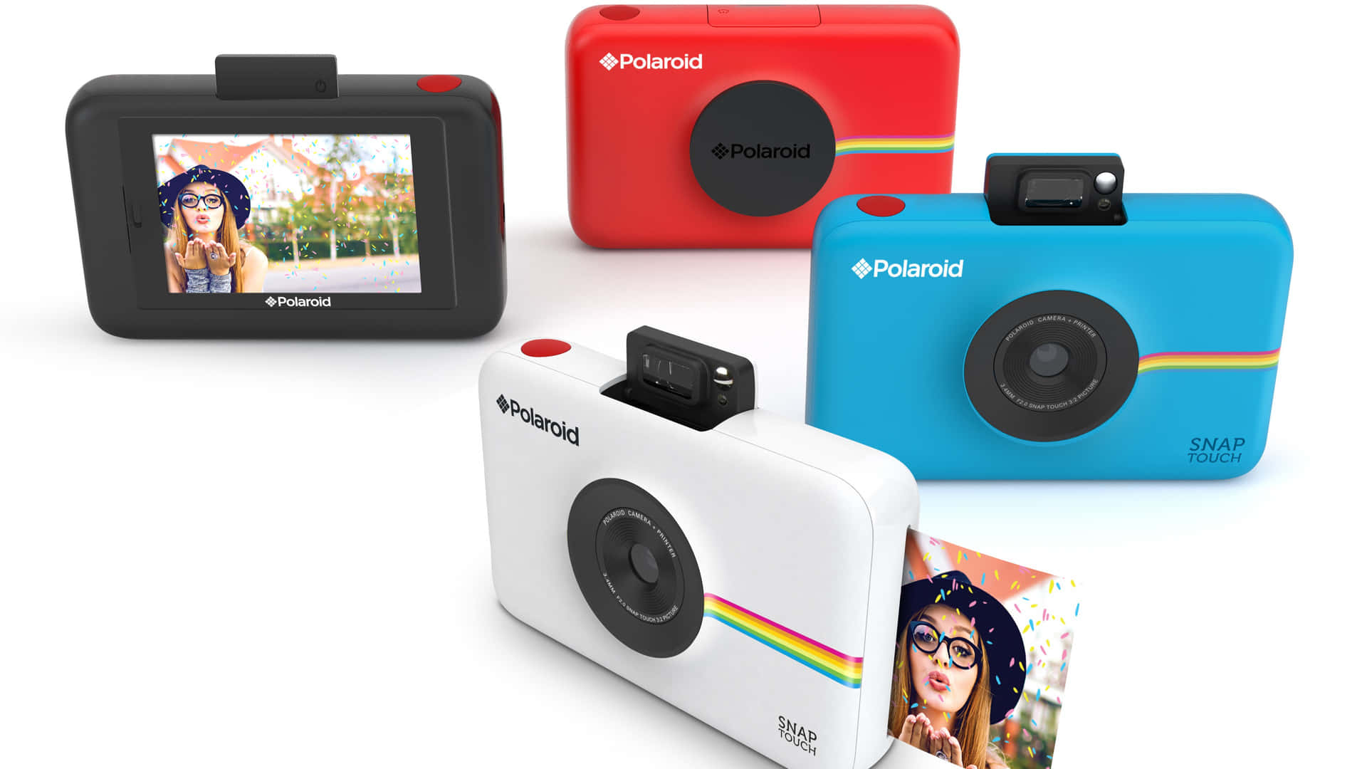 四部Polaroid Snap Touch即影即有相機，紅色、白色、藍色和黑色，附有樣本照片。