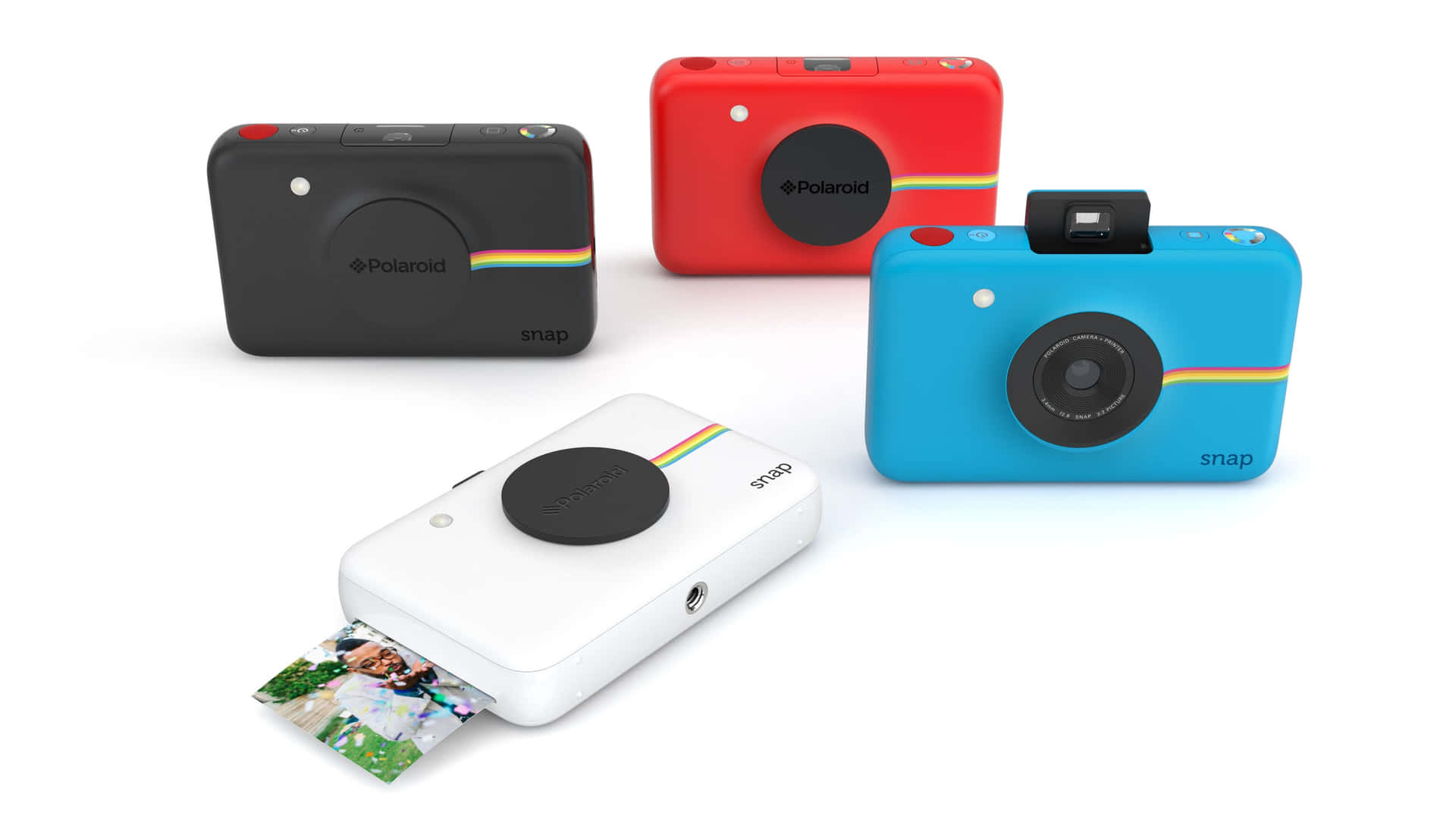 四部Polaroid Snap即影即有相機，分別為黑色、紅色、藍色和白色，其中一部正在打印照片。