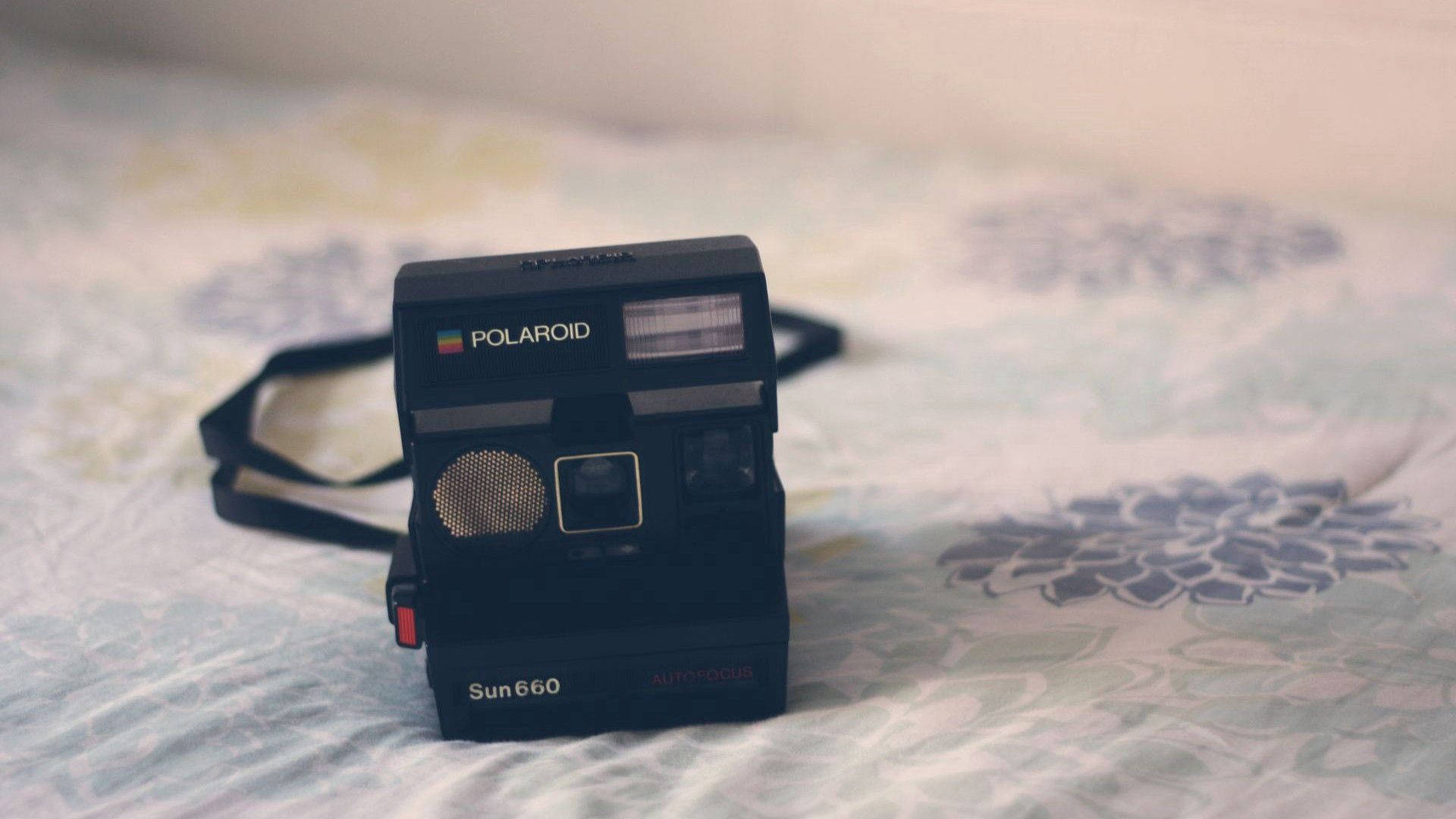 花卉圖案床罩上的黑色Polaroid Sun 660相機。