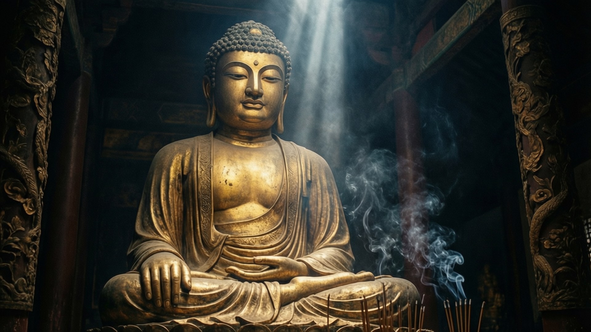 寺廟中的金色佛像，陽光和香煙