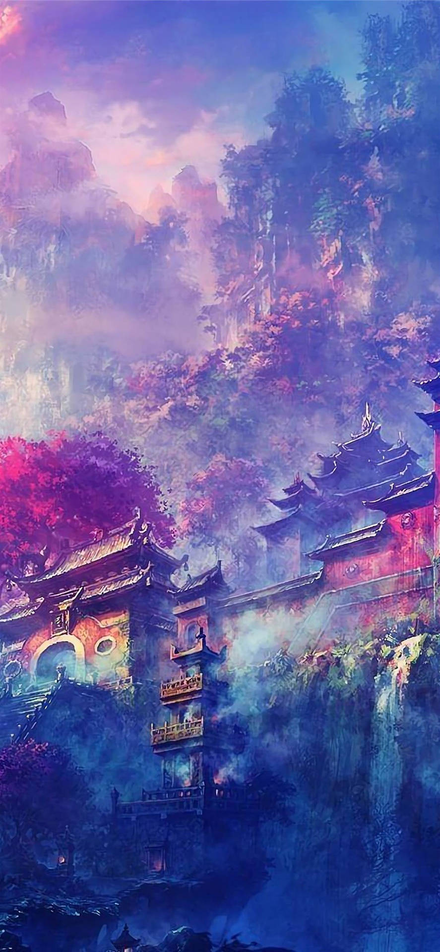 暮色天空下，霧氣繚繞的山上矗立著古老的寺廟。