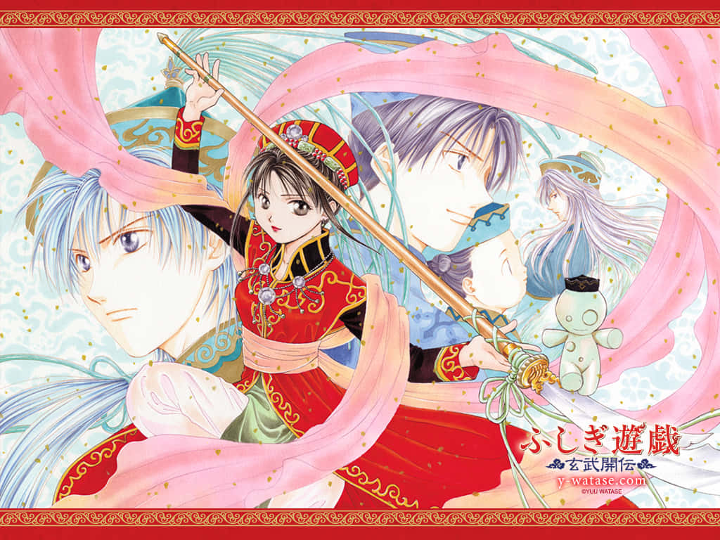 《封神演義》中的神劍與由依 壁紙 — 動漫角色身著華麗傳統服飾，在旋轉的粉紅絲帶和金色閃光中揮舞劍。