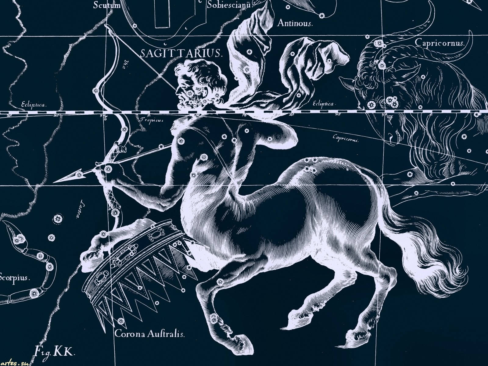 射手座星座地圖 壁紙 — 一張古董風格的天體圖描繪了人馬座，以半人馬弓箭手的形象出現在深海軍藍背景上。