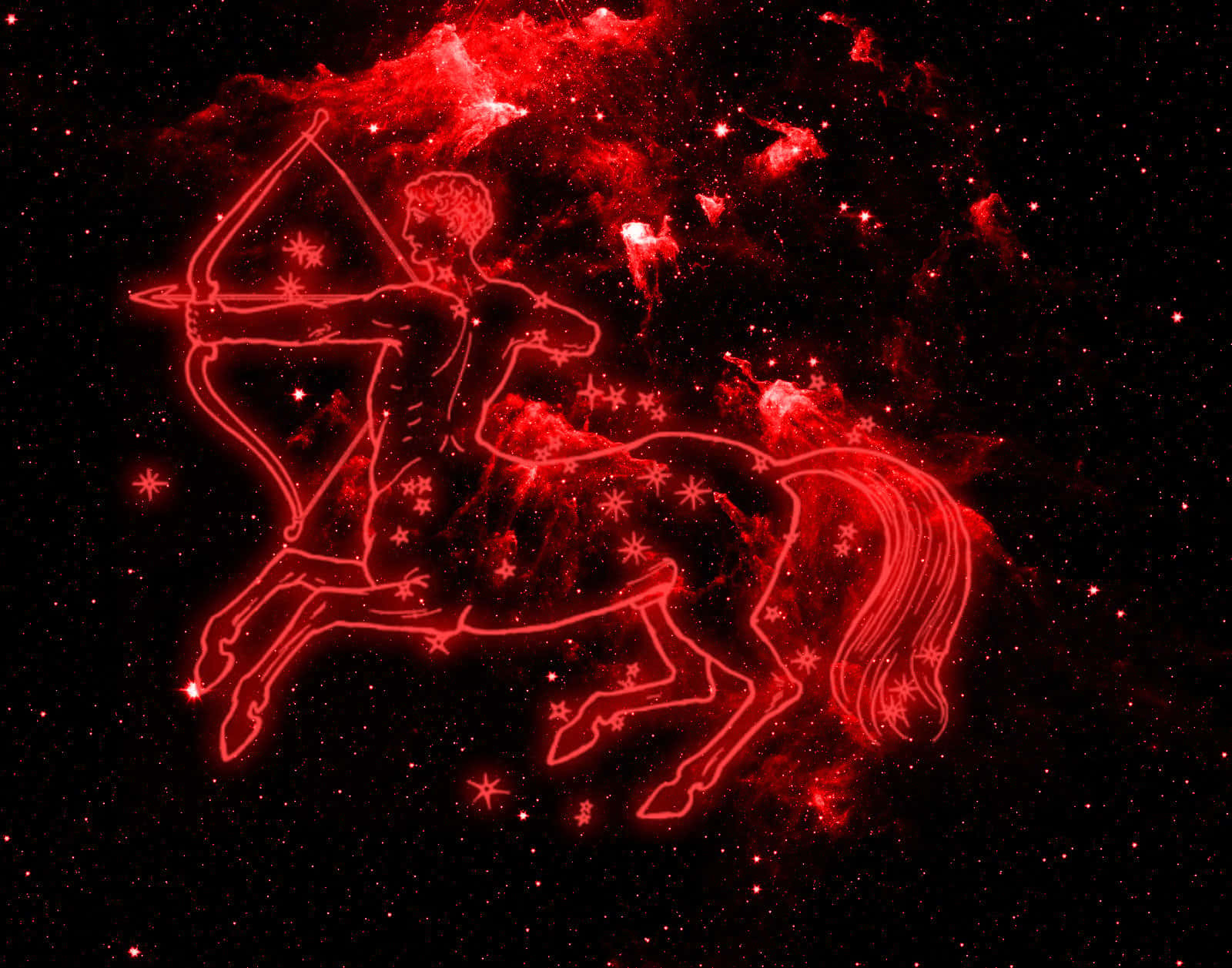 射手座星座天文圖像，展示弓箭手與半人馬神話符號 壁紙 — 在星光宇宙背景上，騎著半人馬的射手座發出紅色光芒的星座輪廓。