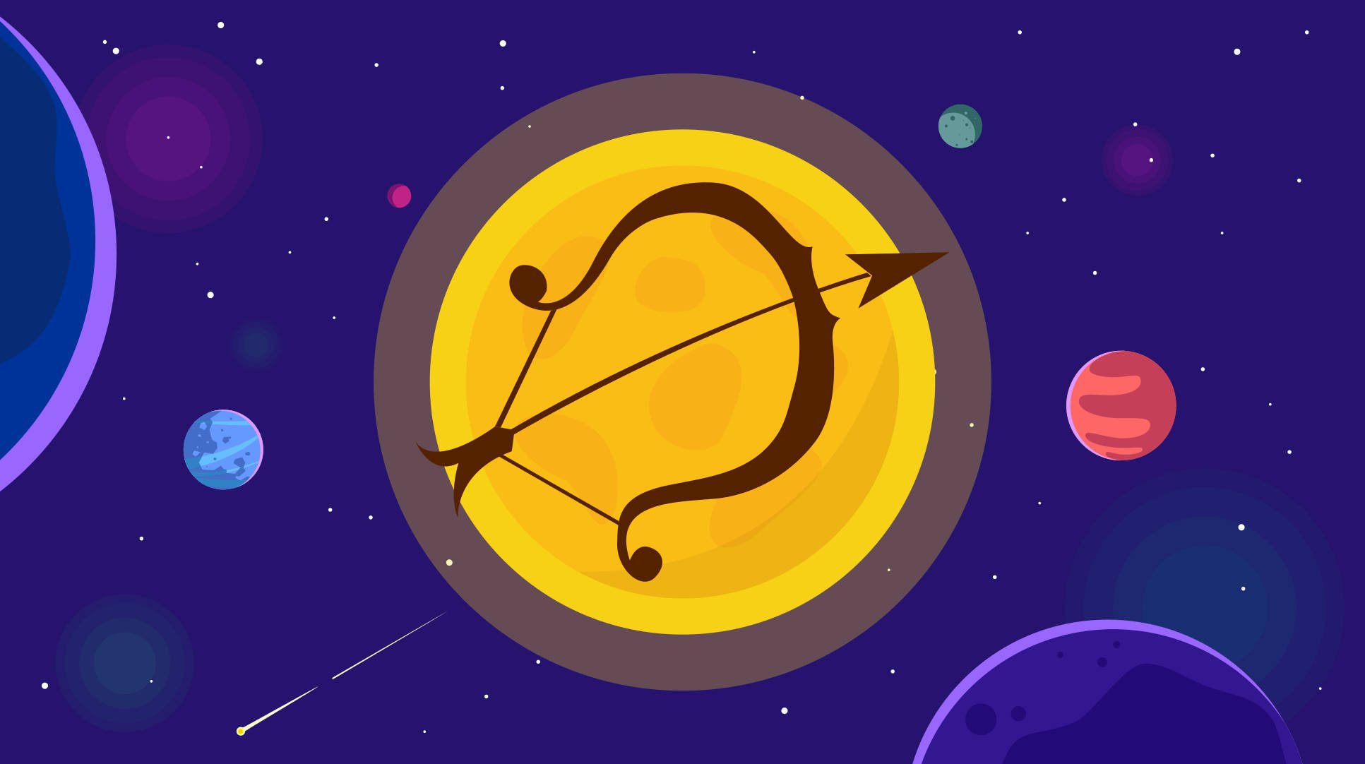 射手座星座箭矢向量藝術 壁紙 — 一個風格化的人馬座星座符號在黃色圓圈中漂浮在深紫色宇宙背景上的多彩行星和星星之間。