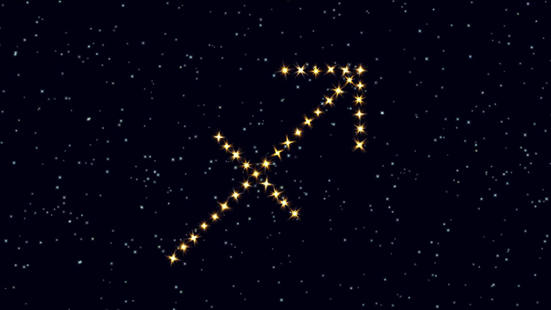 射手座星座箭矢星符號 壁紙 — 一個發光的金色箭頭星座在深邃的星空夜空中明亮閃耀。