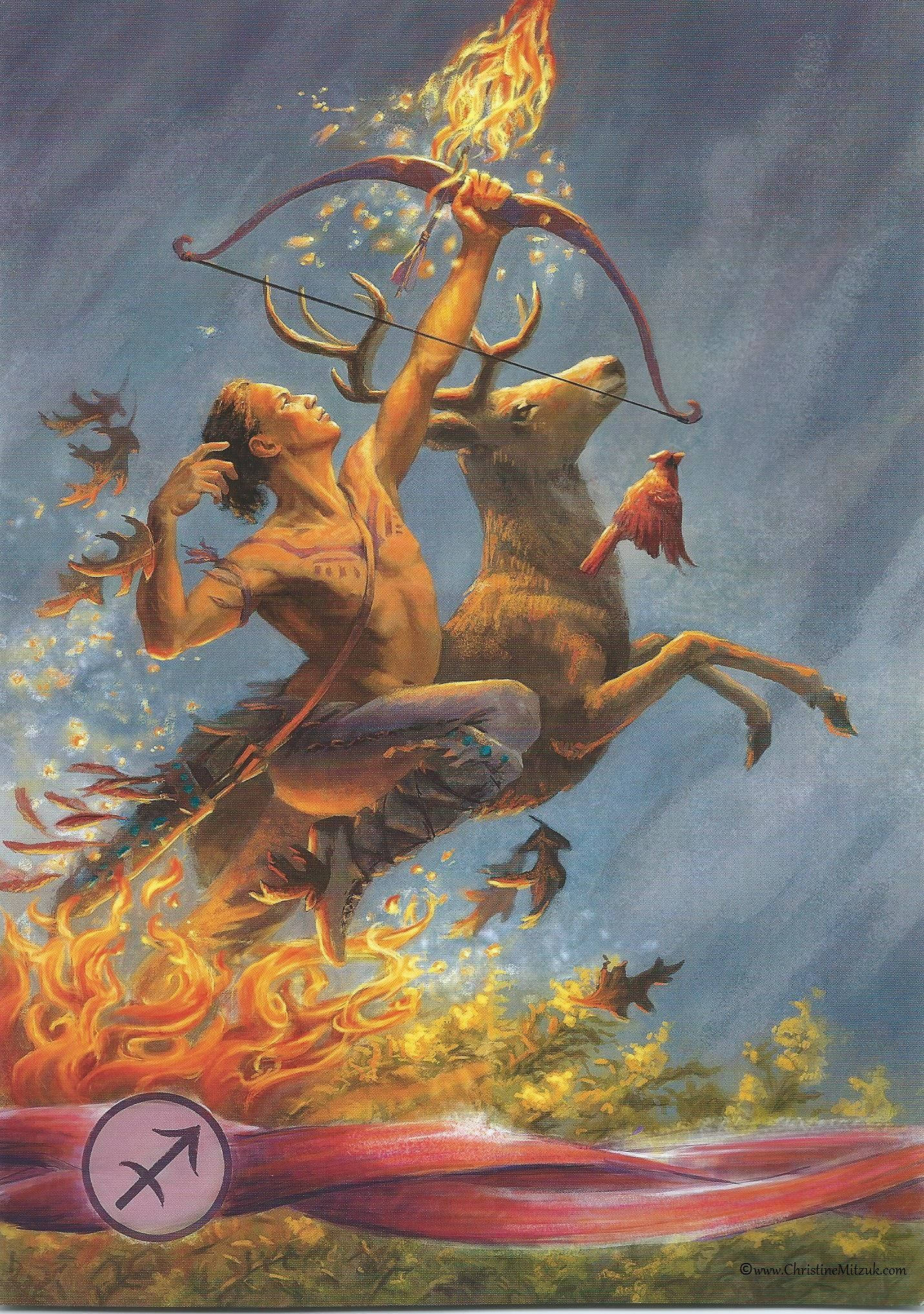 射手座熾熱半人馬弓箭手 壁紙 — 一位肌肉發達的弓箭手騎著一頭火紅的鹿穿過暴風雨的天空，火焰從他的弓中迸發，一隻紅衣主教棲息在鹿上。