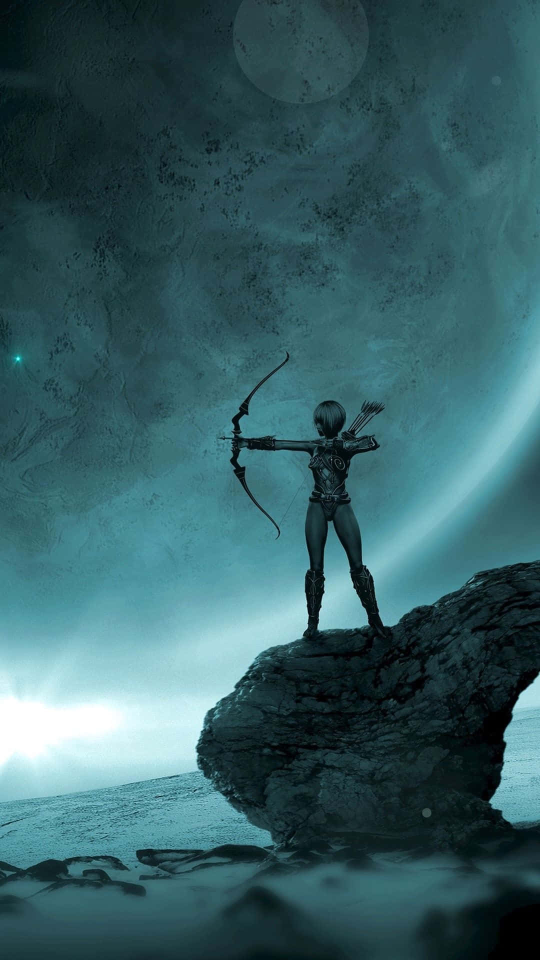一個未來風格的弓箭手在岩石上瞄準太空中發光的行星。