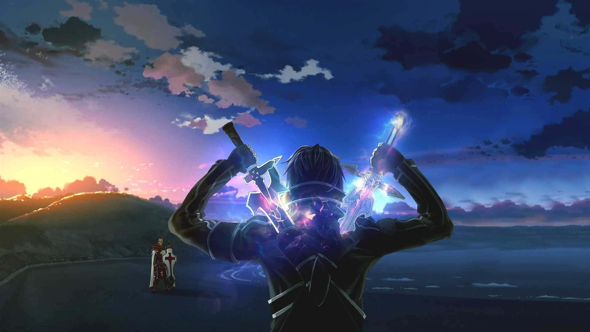 動漫戰士在暮色中手持發光的劍，遠方山丘上有人影