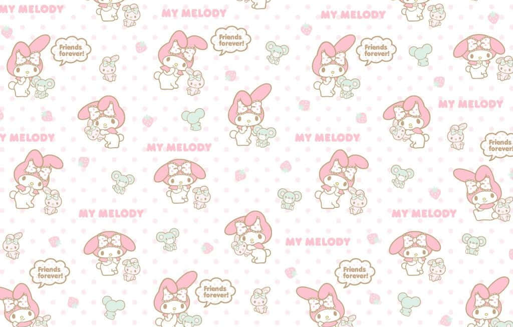 My Melody 與朋友們手持寫著「friends forever」的對話框，背景為粉紅色圓點。