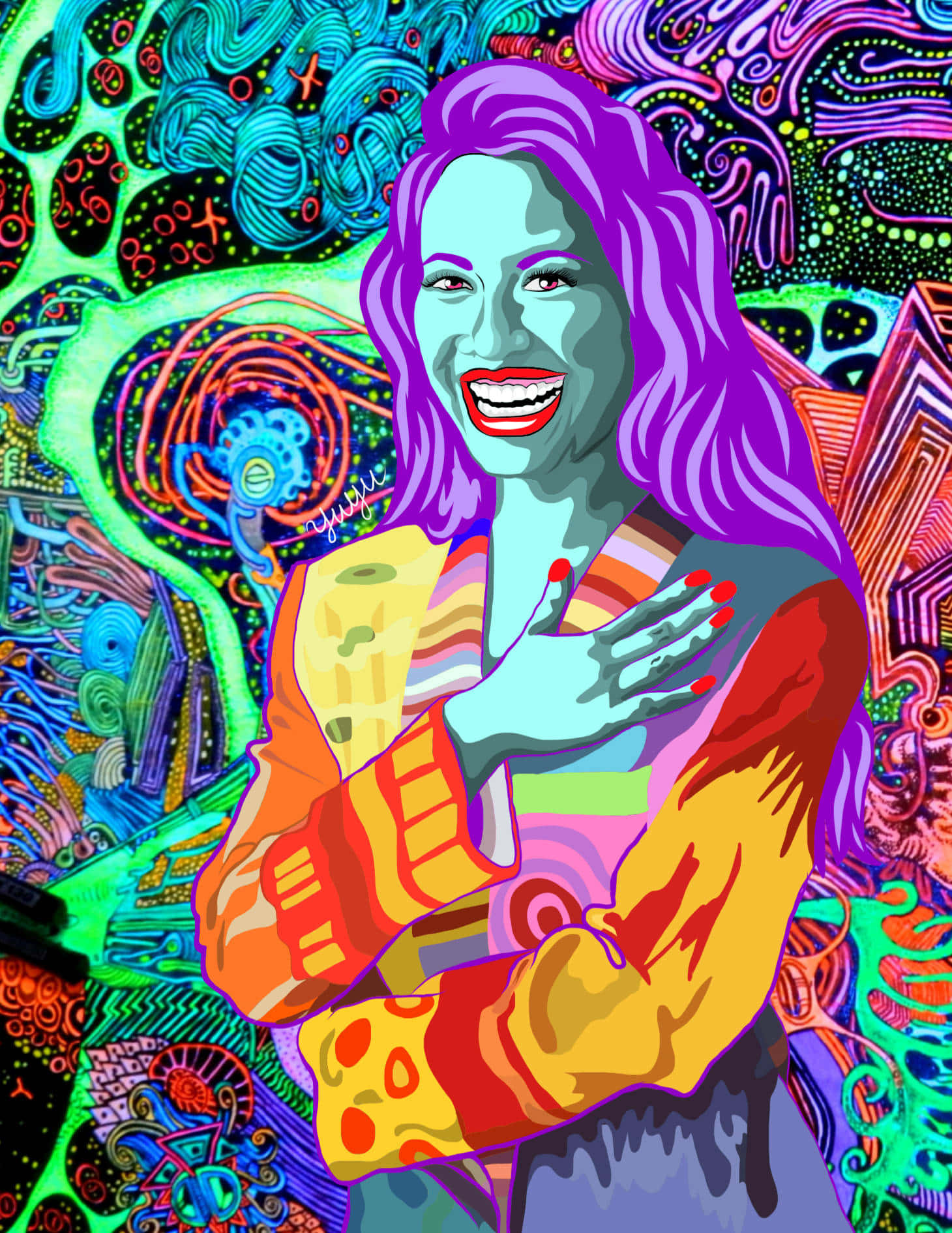 一位快樂的紫髮女性，身處色彩繽紛的抽象數碼藝術插圖中。