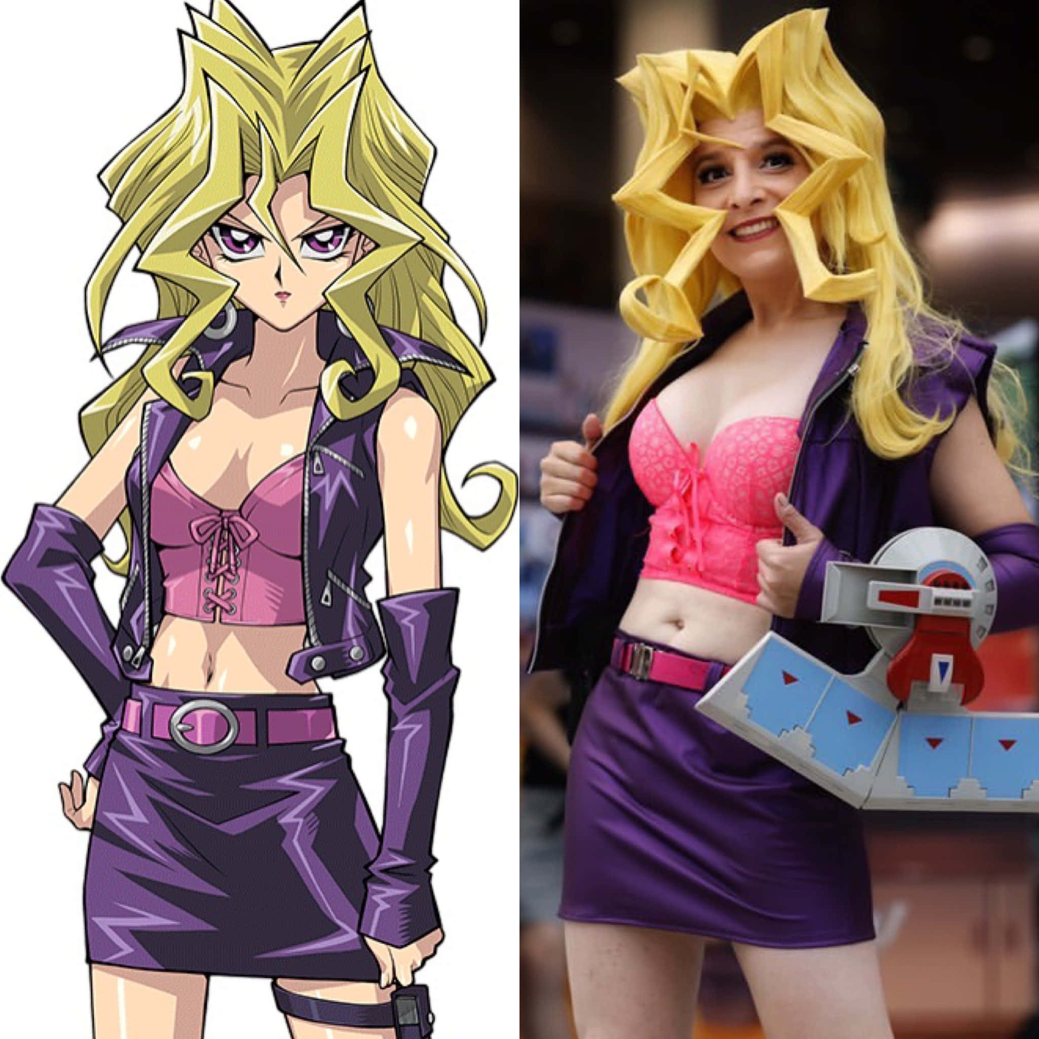 Mai Valentine 桌布 壁紙 — 將一個動漫角色與她的真人Cosplay對應角色並排比較，穿著相配的紫色和粉紅色服裝。