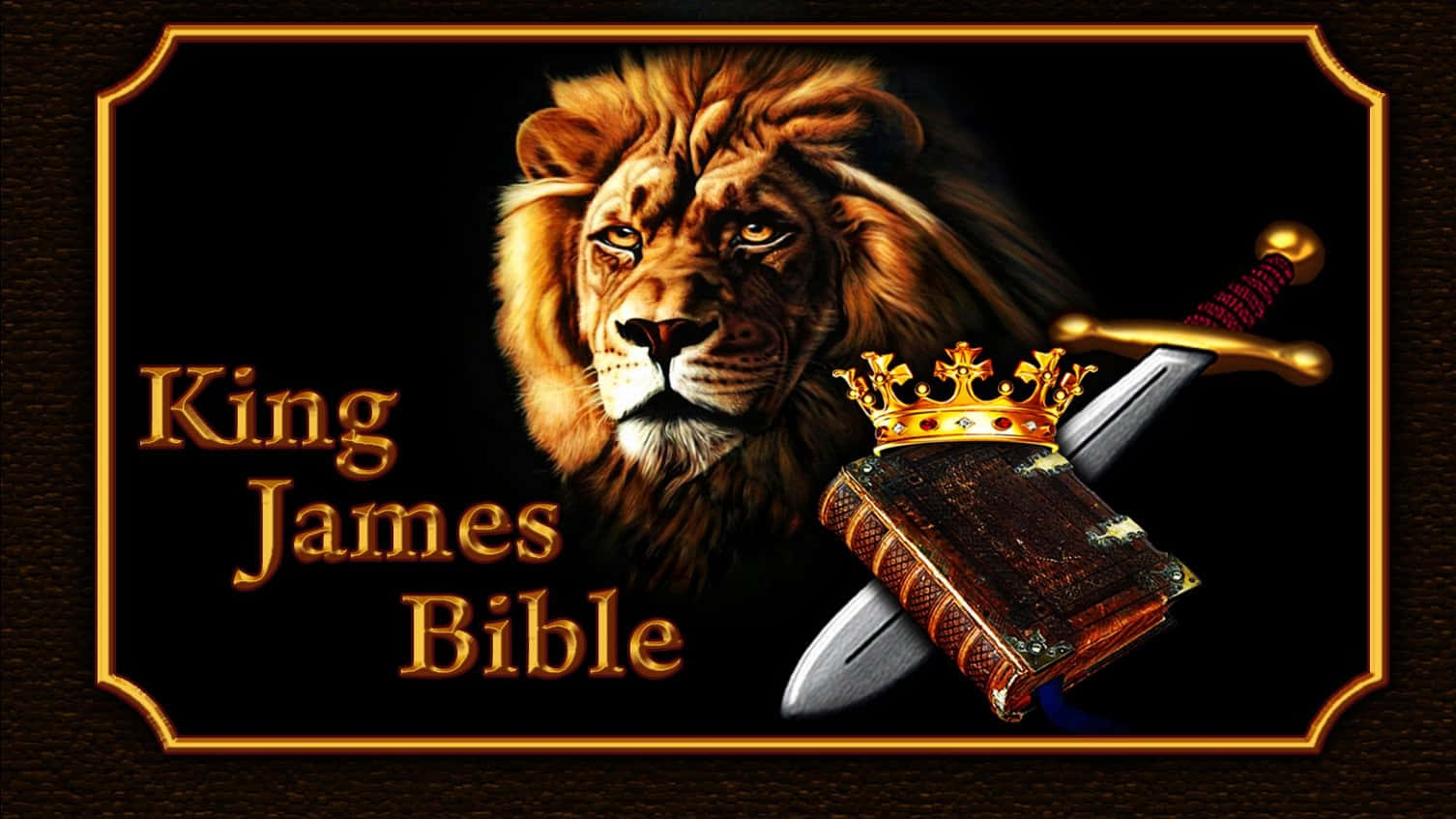 金色框架中，獅子、皇冠和劍旁邊是帶有「King James Bible」文字的聖經。