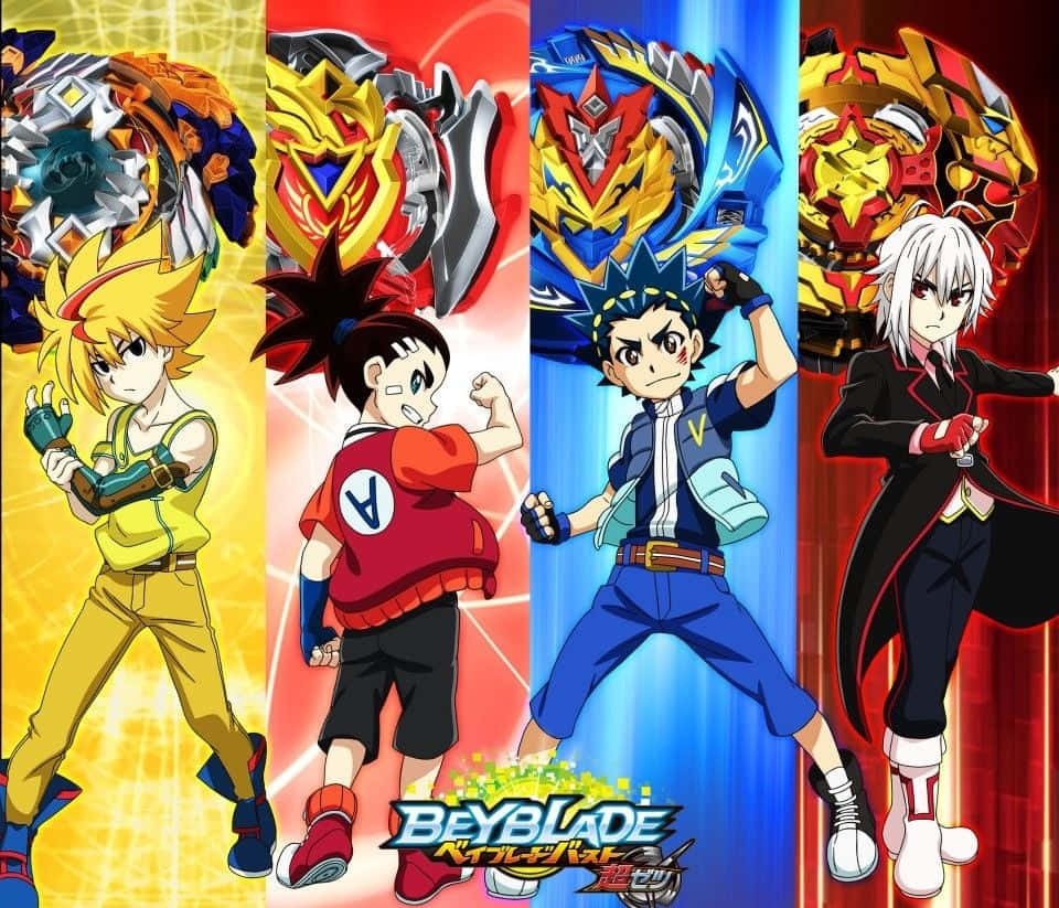 將你的Beyblade Burst戰鬥提升至新境界！ 壁紙 — 四個動漫角色以動態姿勢展示他們的Beyblade陀螺，背景色彩鮮豔。
