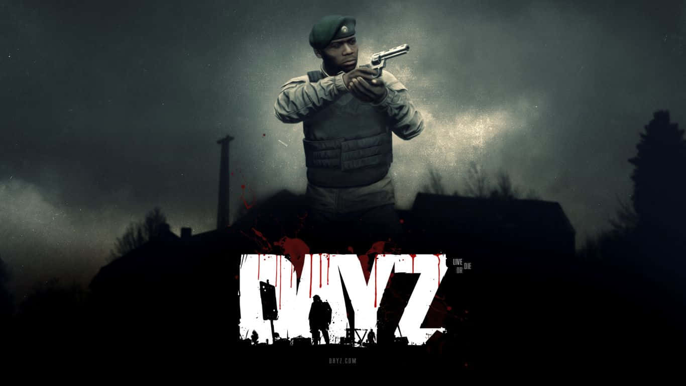 士兵在暴風雨天空下瞄準手槍，帶有 DayZ 遊戲標題和血跡。